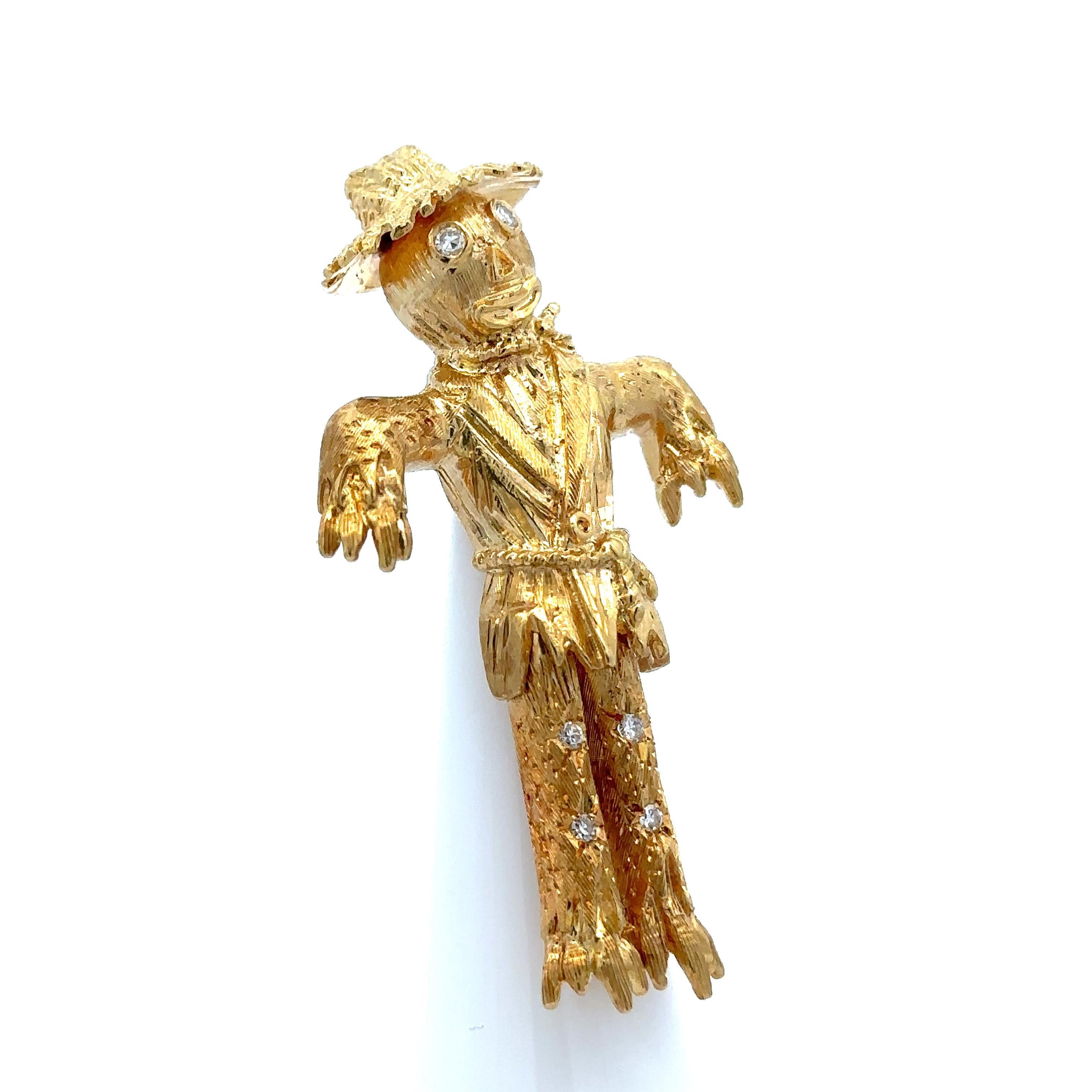 Vintage Solid Yellow Gold Diamond Detailed Swinging Legs Scarecrow Pin Brooch For Sale 2