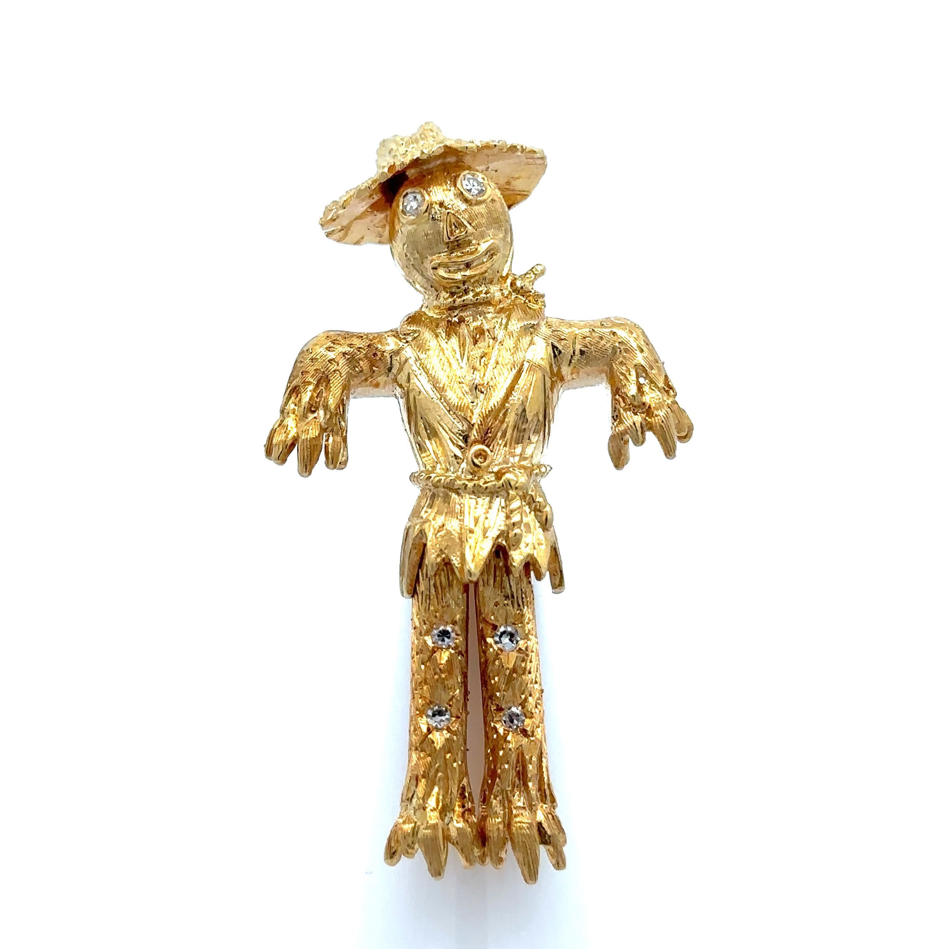 Vintage Solid Yellow Gold Diamond Detailed Swinging Legs Scarecrow Pin Brooch For Sale 3