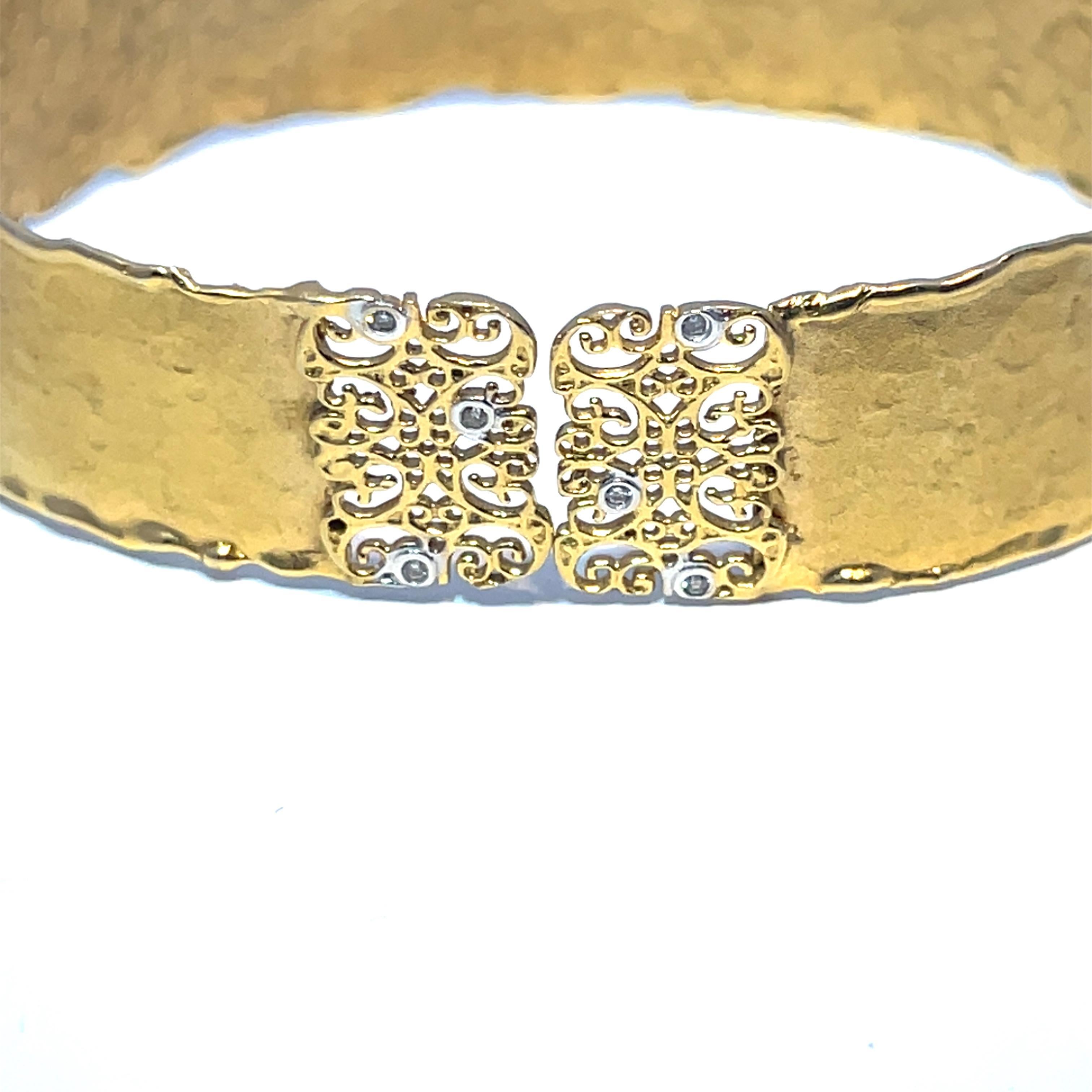 Modern Vintage Solid Yellow Gold Diamond hammered finish Filigree Cuff Bracelet For Sale