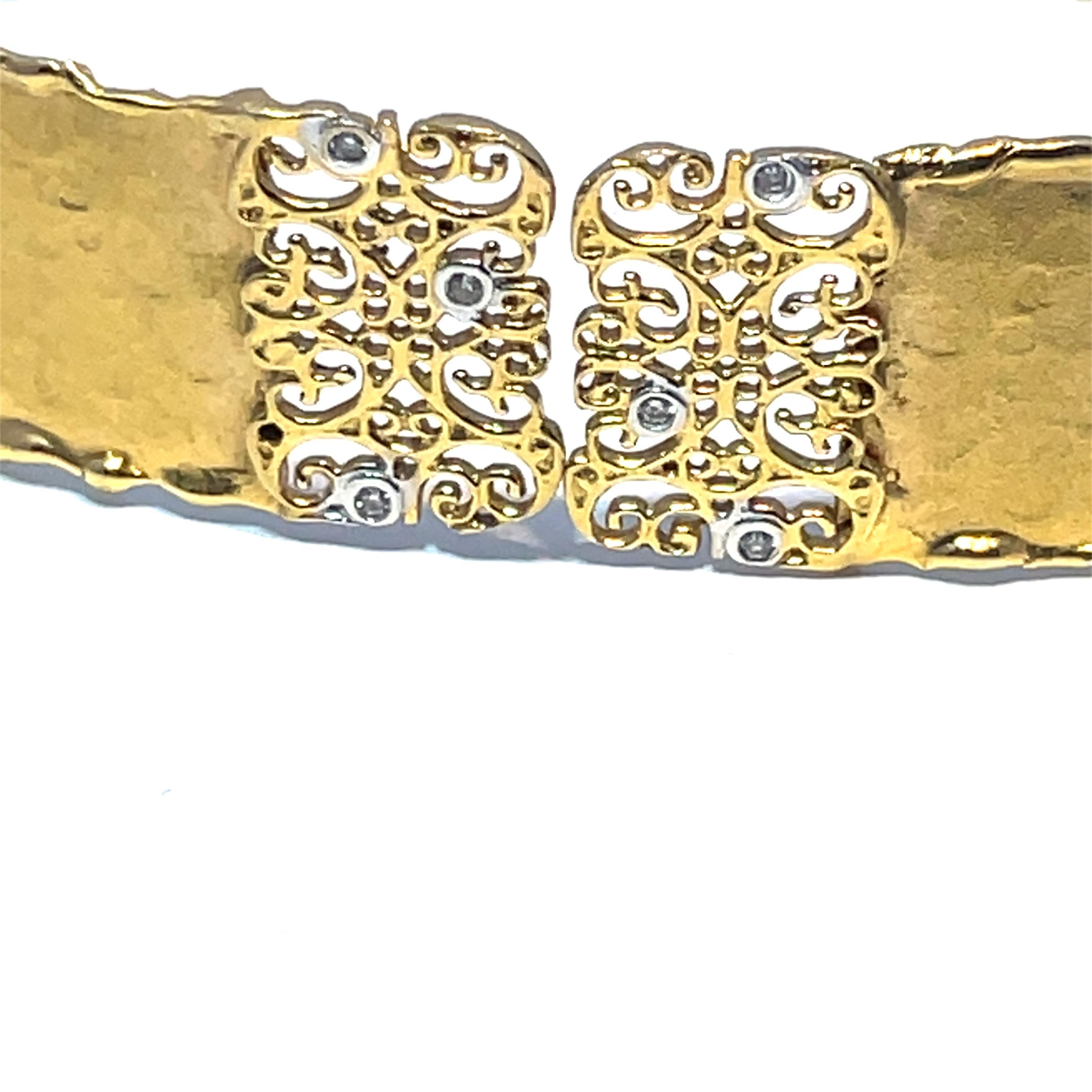 Women's or Men's Vintage Solid Yellow Gold Diamond hammered finish Filigree Cuff Bracelet For Sale
