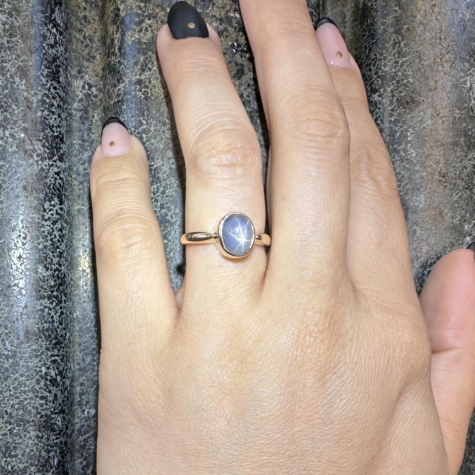 Vintage Solid Gelbgold keine Hitze grau Lünette Stern Saphir Solitär Ring im Angebot 7