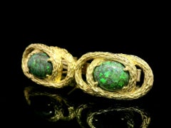 Vintage Solid Yellow Gold Oval Cabochon Black Opal Bark Textured Knot Cufflinks