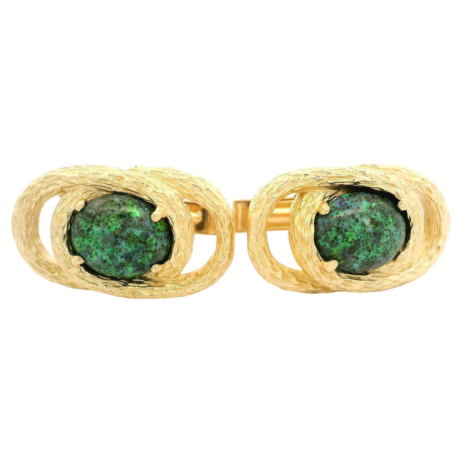 Gemelli d'epoca in oro giallo massiccio con cabochon ovale, opale nero e corteccia con nodi