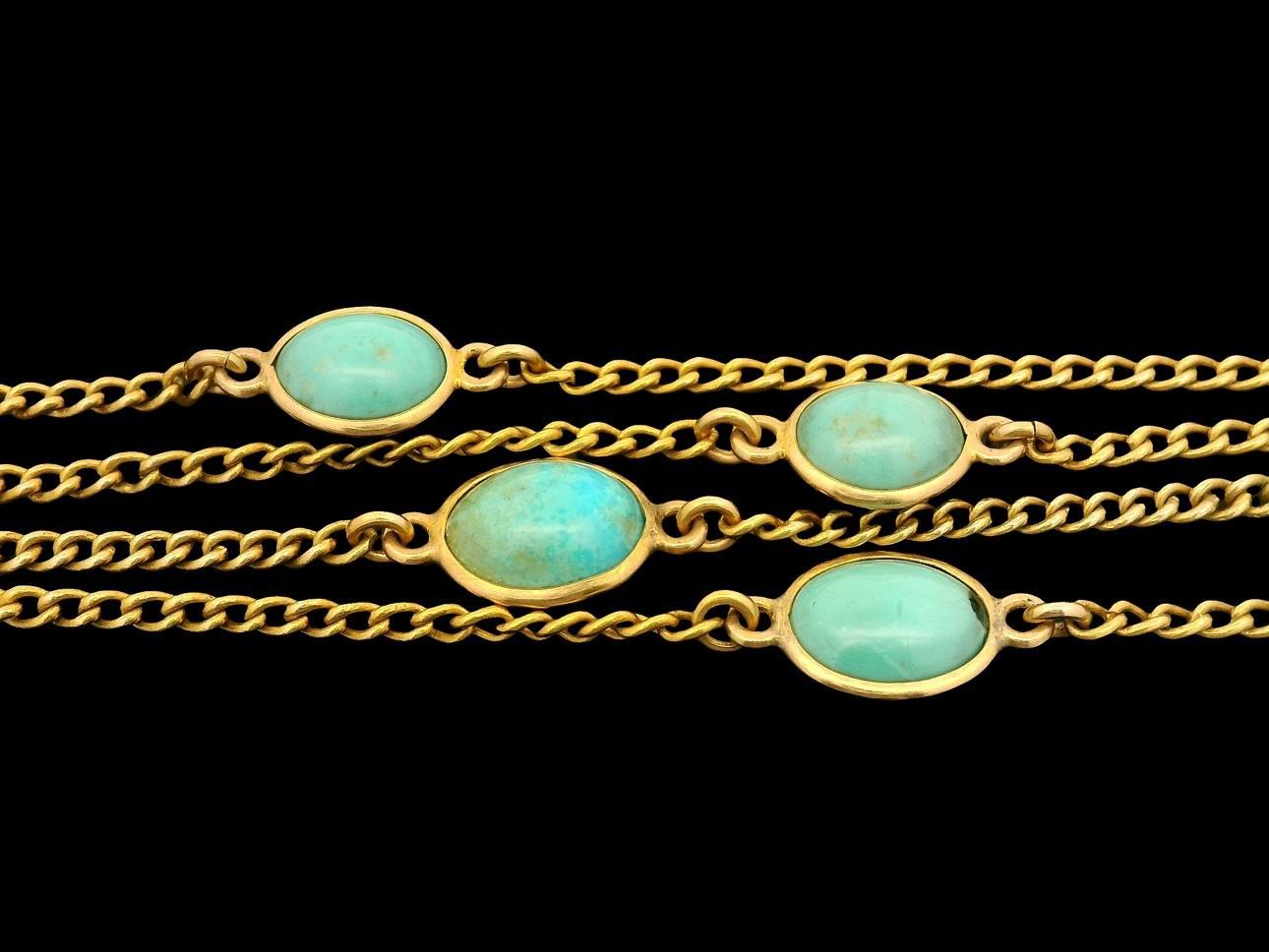 –Stone(s)–
(1) Natural Genuine Turquoise - Oval Shape - Bezel Set - Greenish Blue Color - 5.5 x 6.8mm (approx.)

Material: Solid 20k Yellow Gold - 14k Yellow Gold Clasp
Weight: 19.69 Grams
Chain Type: 1.79mm - Station Cable link 
Chain Length: 29.5