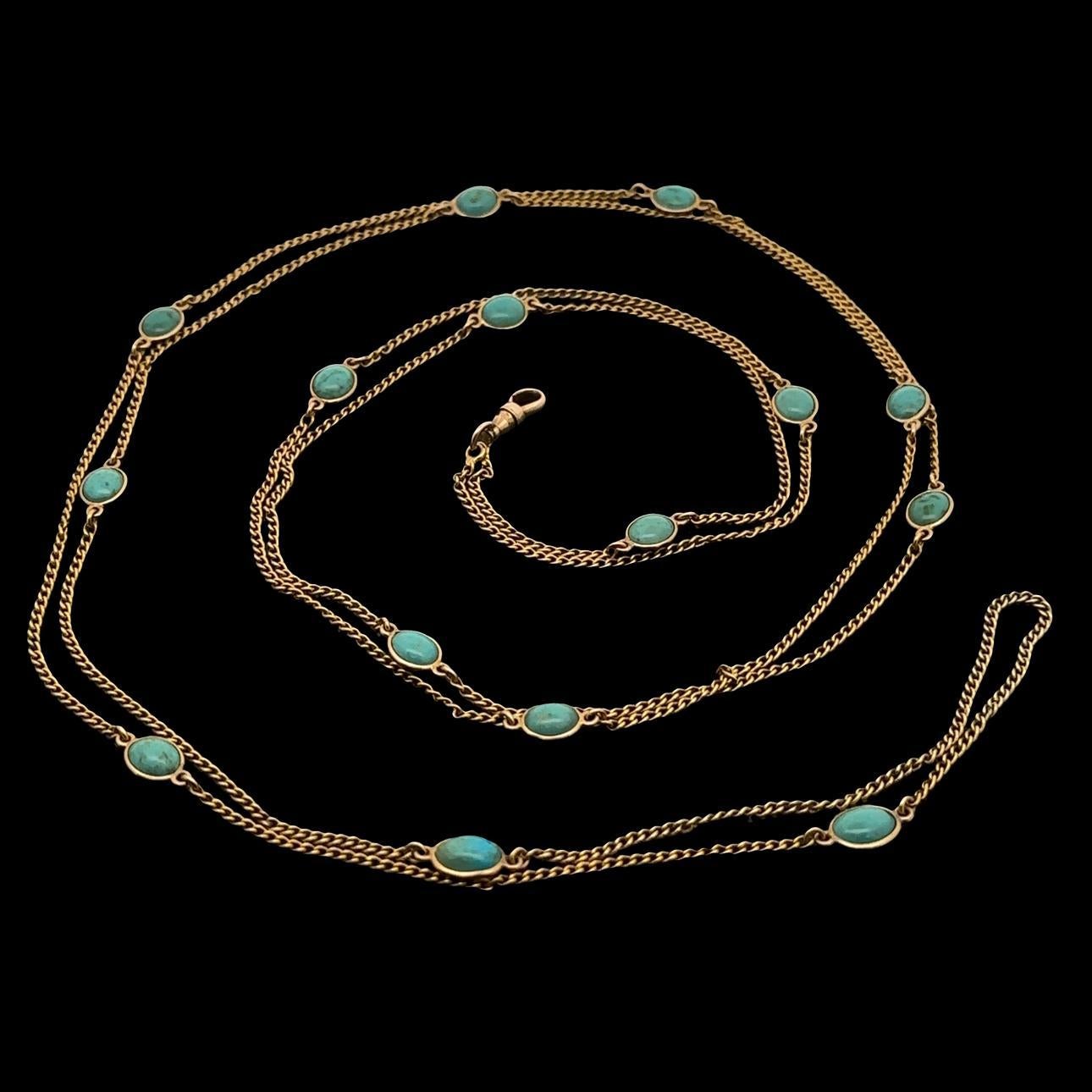 Vintage Solid Yellow Gold Oval Turquoise Station Long Wrap Adjustable Necklace In condizioni buone in vendita a Montclair, NJ