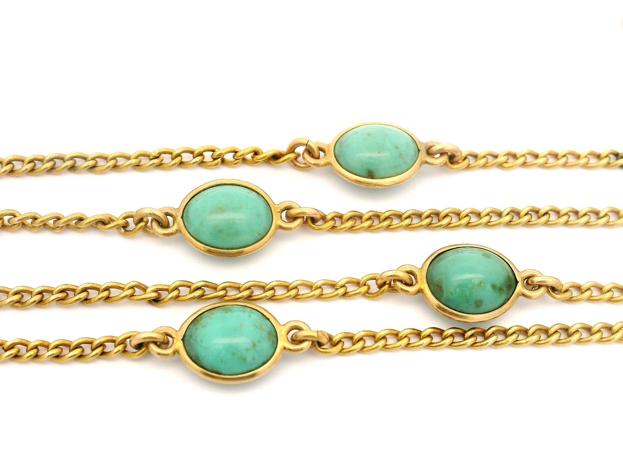 Donna Vintage Solid Yellow Gold Oval Turquoise Station Long Wrap Adjustable Necklace in vendita