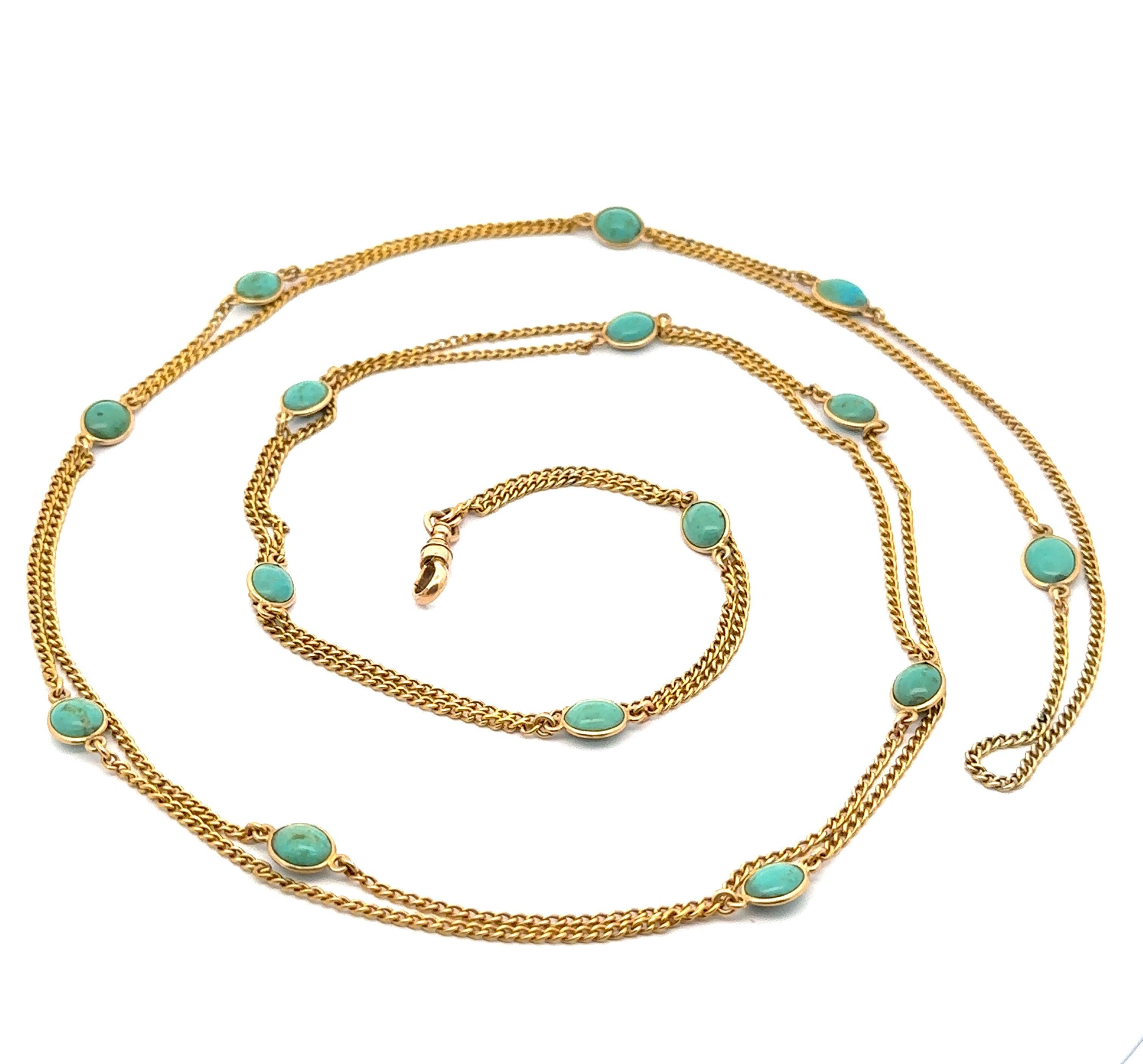 Vintage Solid Yellow Gold Oval Turquoise Station Long Wrap Adjustable Necklace in vendita 1