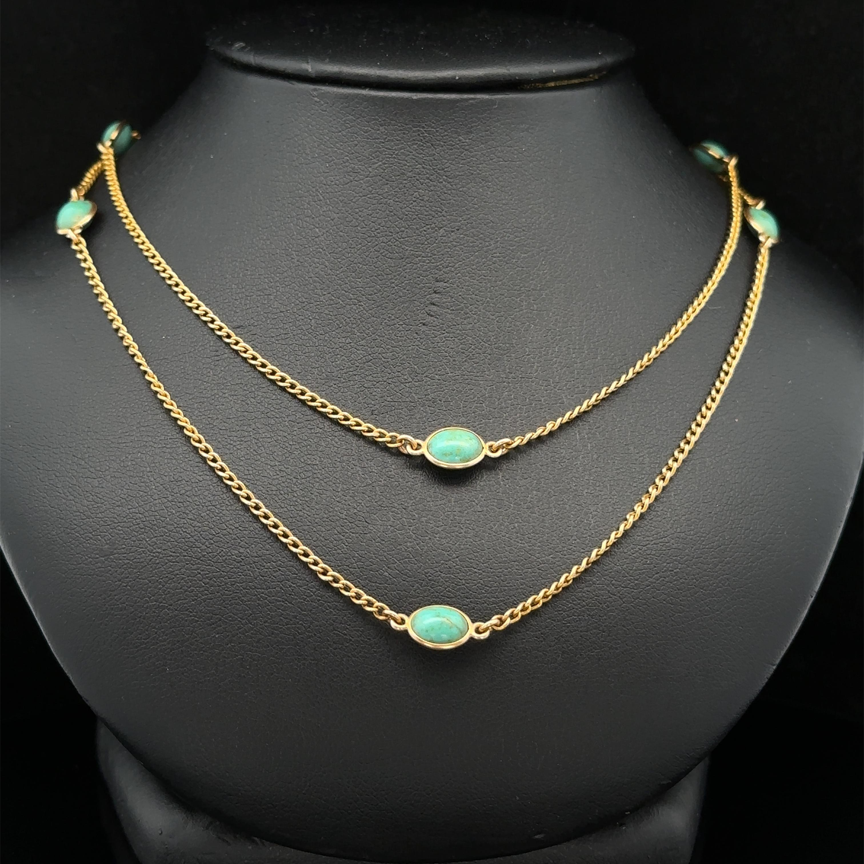 Vintage Solid Yellow Gold Oval Turquoise Station Long Wrap Adjustable Necklace in vendita 2