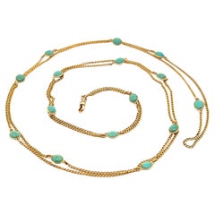 Vintage Solid Yellow Gold Oval Turquoise Station Long Wrap Adjustable Necklace