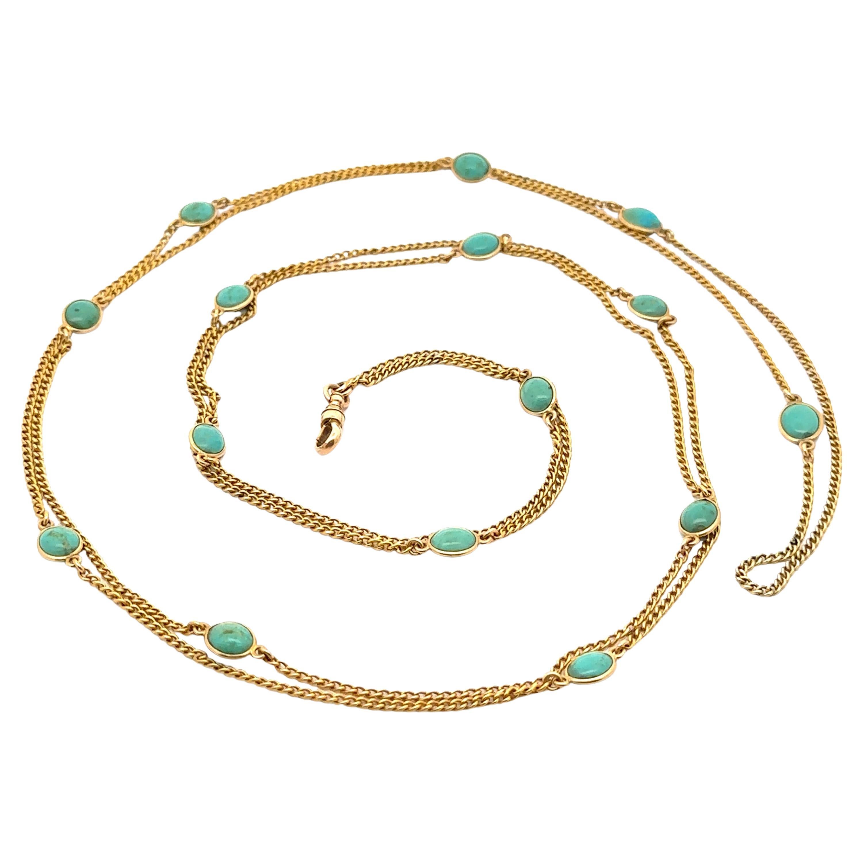 Vintage Solid Yellow Gold Oval Turquoise Station Long Wrap Adjustable Necklace For Sale