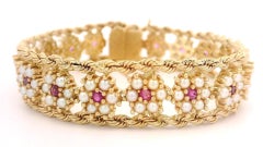 Vintage Solid Yellow Gold Pearl Ruby Cluster Floral Braided Rope Chain Bracelet
