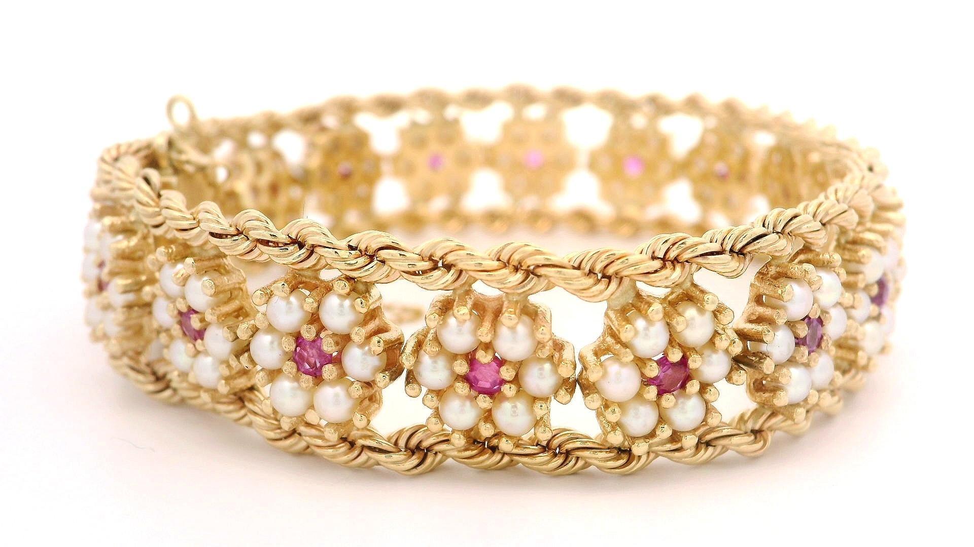 Armband aus massivem Gelbgold, Perle Rubin Cluster, florales geflochtenes Seil, Kette (Rundschliff) im Angebot