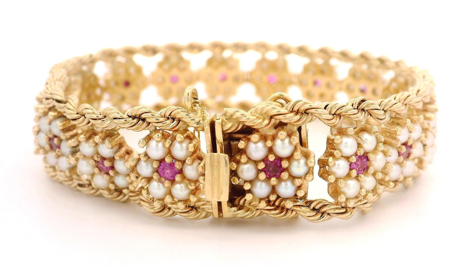 Armband aus massivem Gelbgold, Perle Rubin Cluster, florales geflochtenes Seil, Kette im Zustand „Gut“ im Angebot in Montclair, NJ