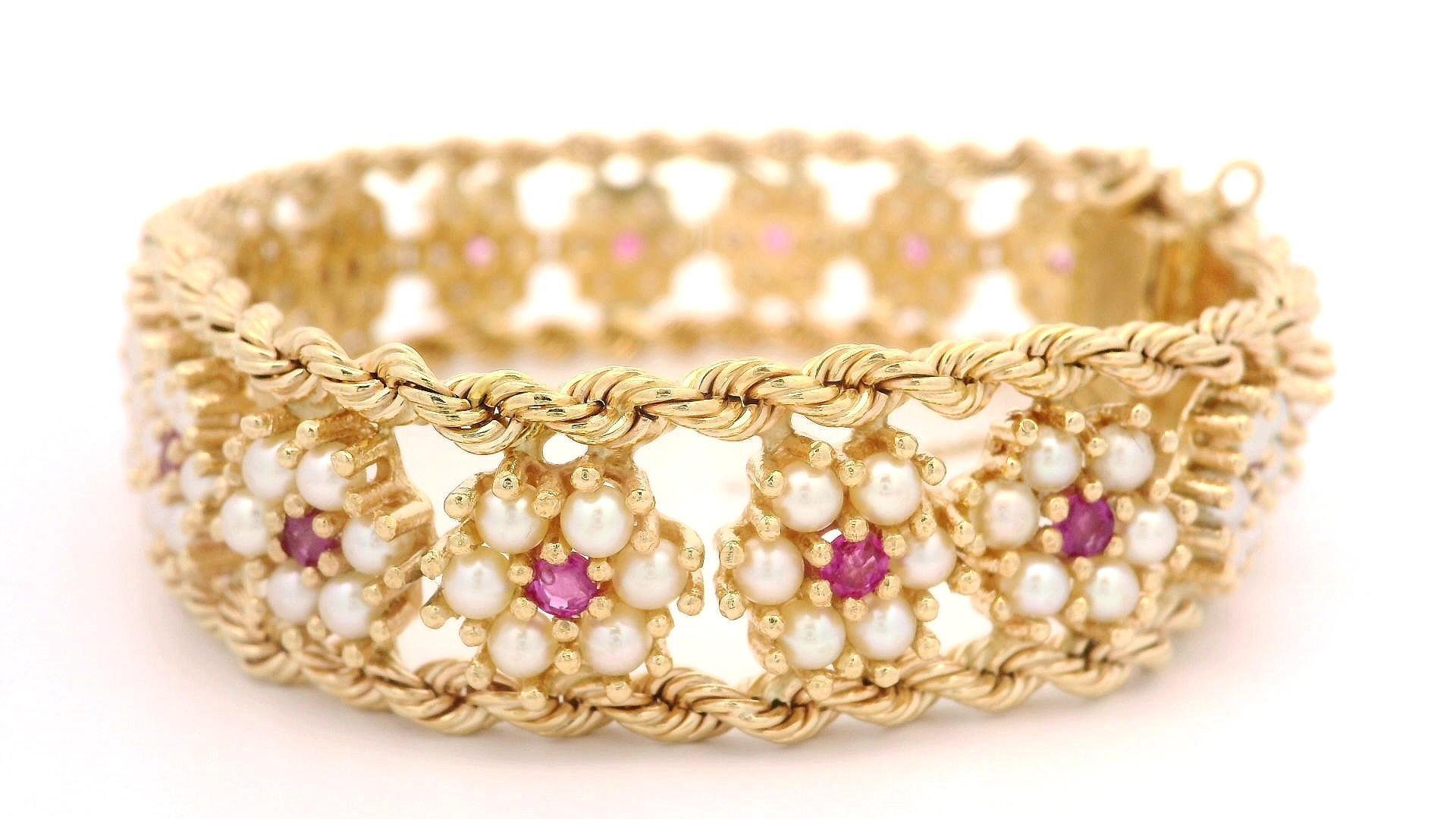 Armband aus massivem Gelbgold, Perle Rubin Cluster, florales geflochtenes Seil, Kette Damen im Angebot