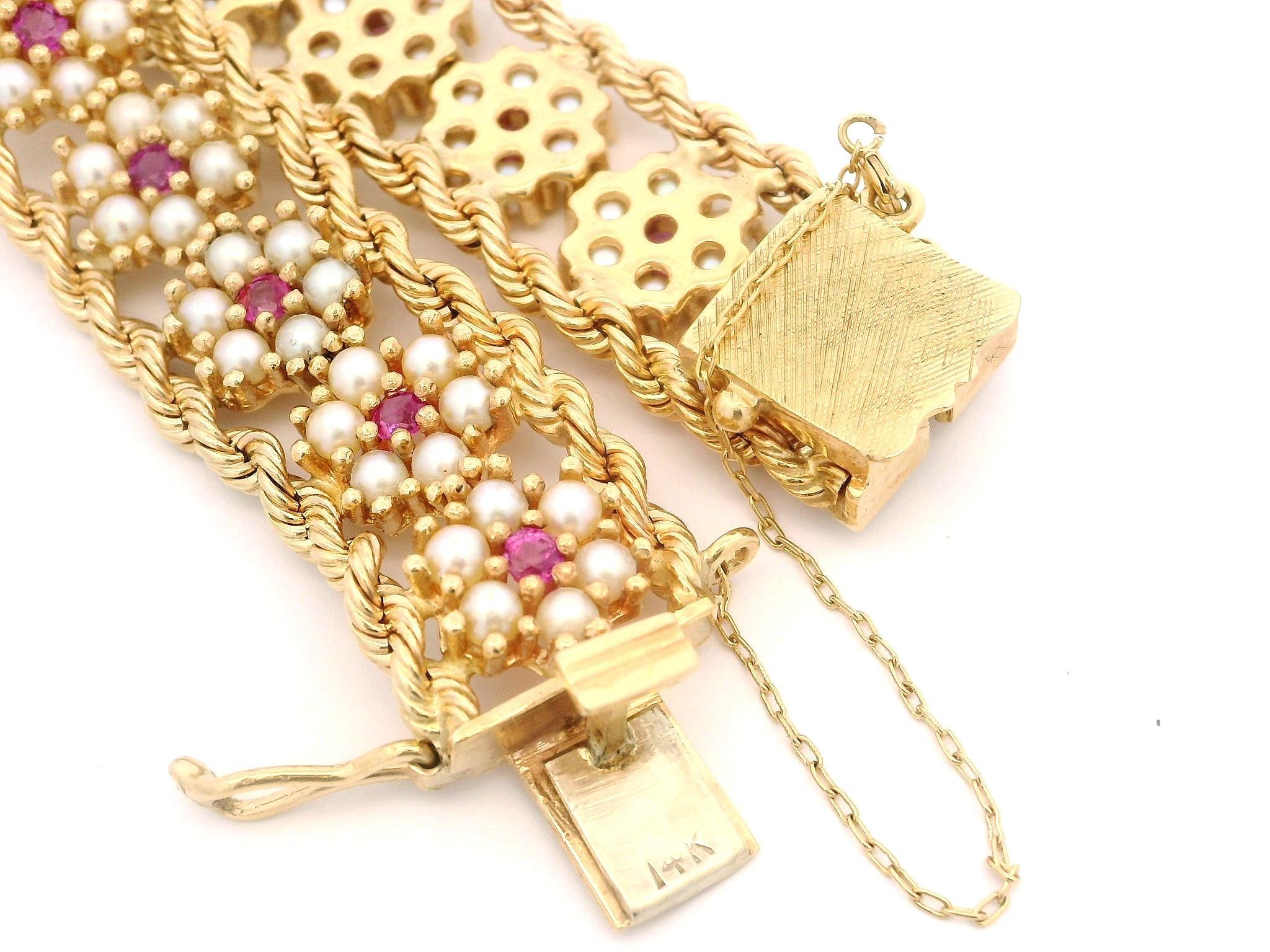 Armband aus massivem Gelbgold, Perle Rubin Cluster, florales geflochtenes Seil, Kette im Angebot 1