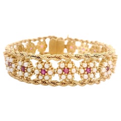 Vintage Solid Yellow Gold Pearl Ruby Cluster Floral Braided Rope Chain Bracelet