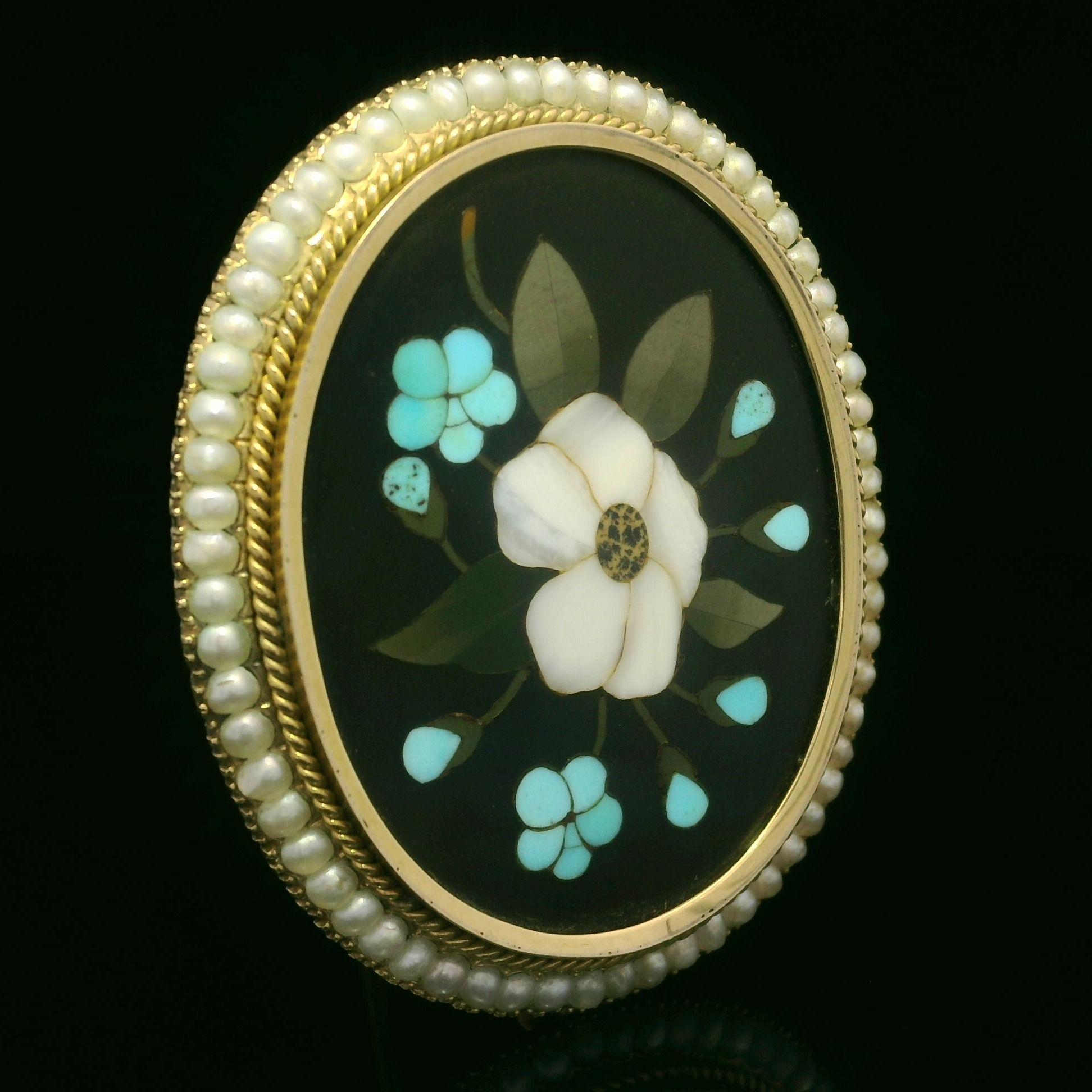 Round Cut Vintage Solid Yellow Gold Pietra Dura Inlaid Floral Work Pearl Halo Pin Brooch For Sale