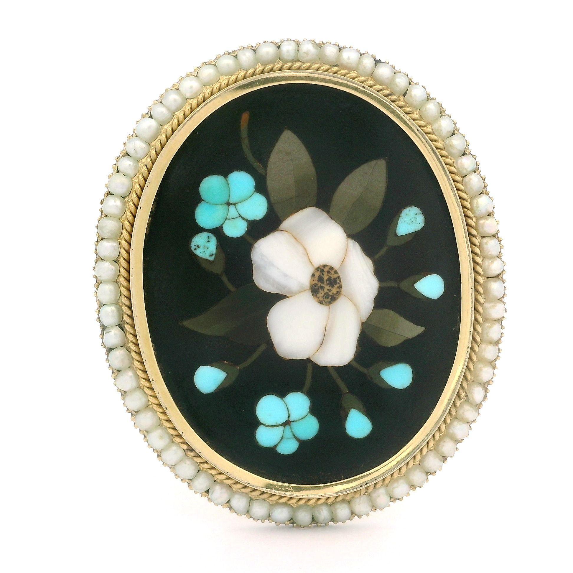 Vintage Solid Yellow Gold Pietra Dura Inlaid Floral Work Pearl Halo Pin Brooch In Good Condition For Sale In Montclair, NJ