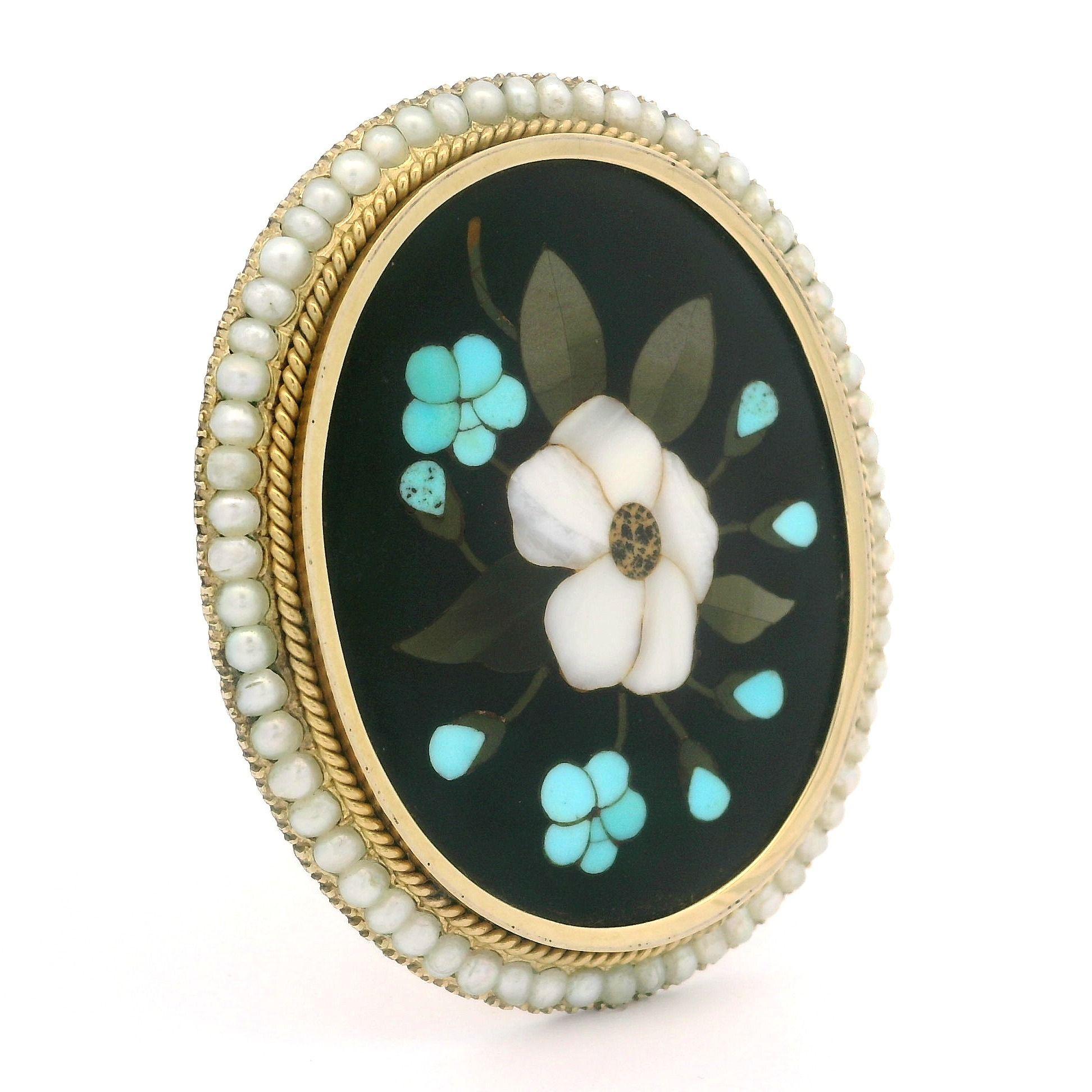 Women's Vintage Solid Yellow Gold Pietra Dura Inlaid Floral Work Pearl Halo Pin Brooch For Sale