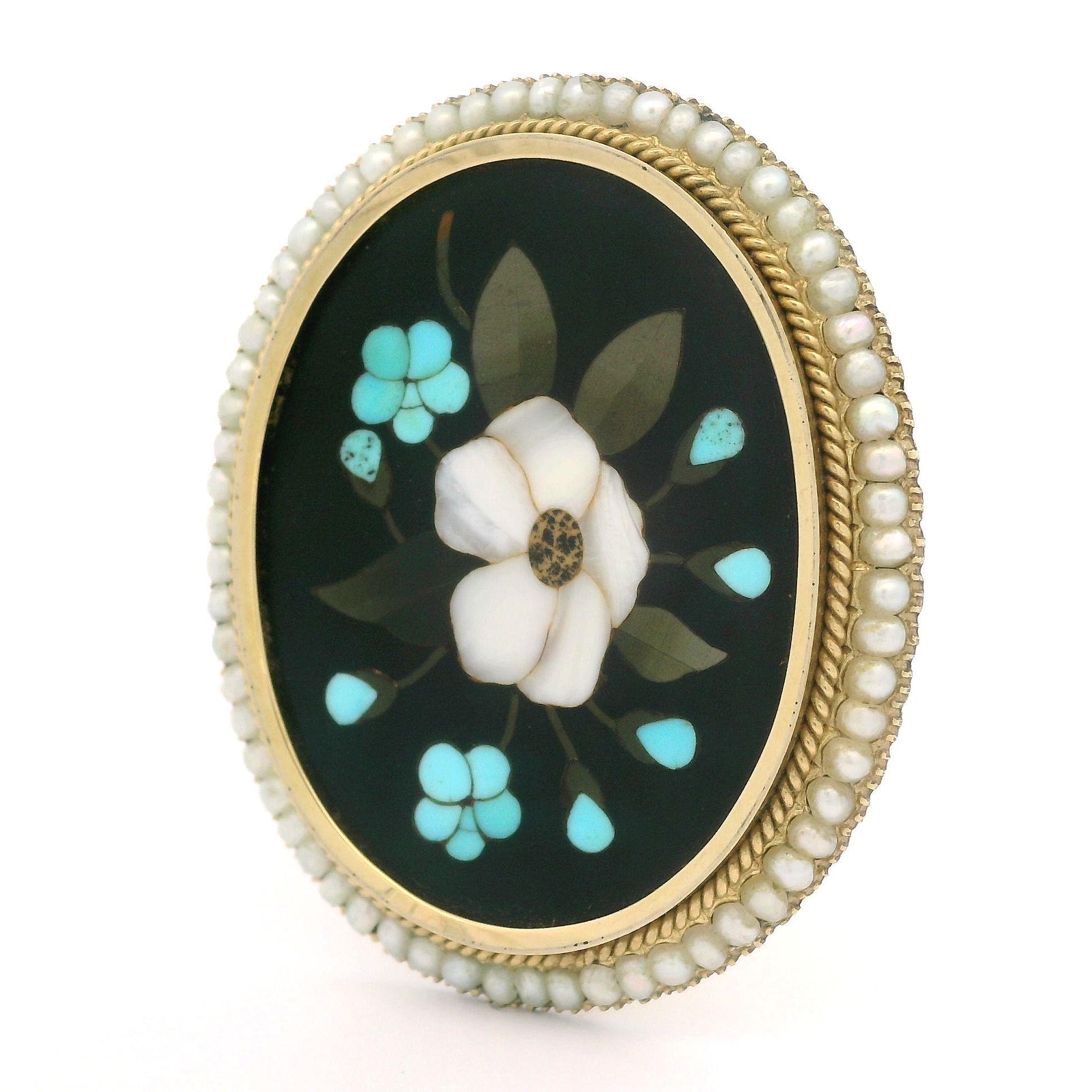 Vintage Solid Yellow Gold Pietra Dura Inlaid Floral Work Pearl Halo Pin Brooch For Sale 1