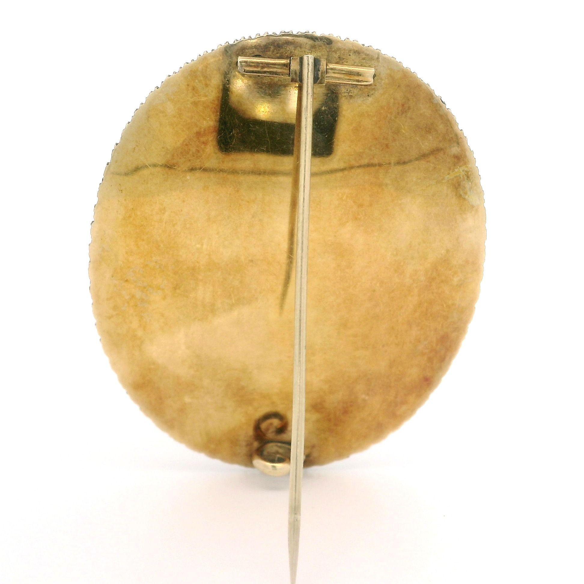 Vintage Solid Yellow Gold Pietra Dura Inlaid Floral Work Pearl Halo Pin Brooch For Sale 2