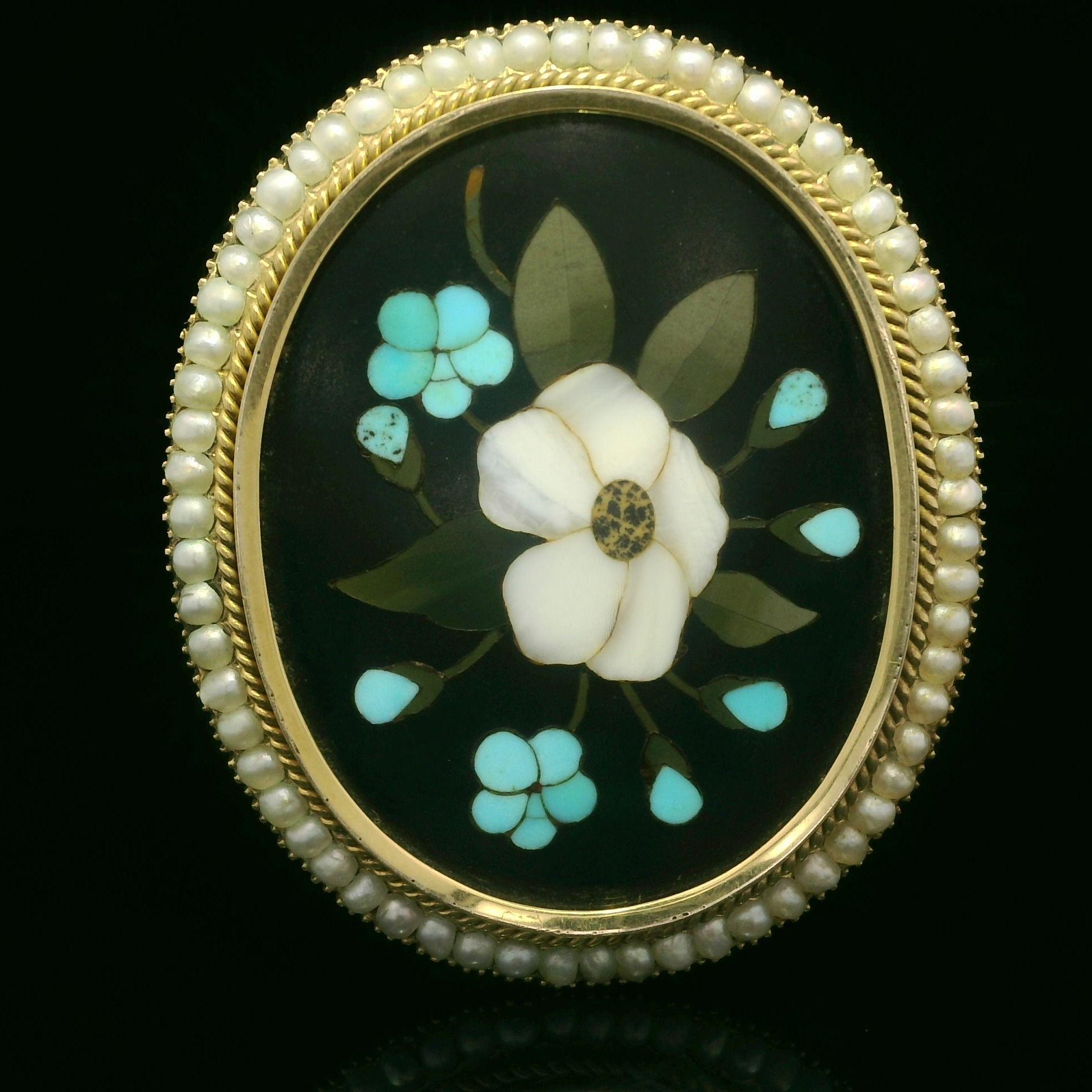 Vintage Solid Yellow Gold Pietra Dura Inlaid Floral Work Pearl Halo Pin Brooch For Sale 3
