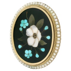 Vintage Solid Yellow Gold Pietra Dura Inlaid Floral Work Pearl Halo Pin Brooch