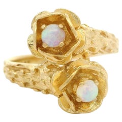Vintage Solid Yellow Gold Round Cabochon Opal Textured Floral Bypass Ring