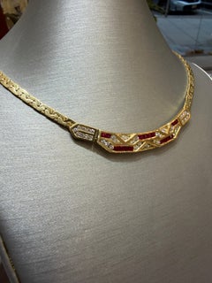 Vintage Ruby and Diamond 14k Yellow Gold Necklace Geometric Modernist