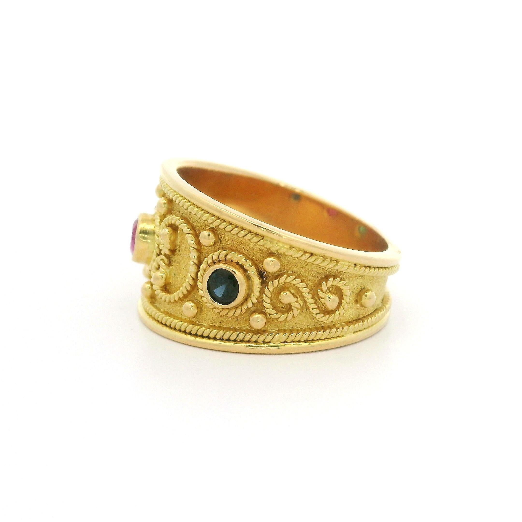 Round Cut Vintage Solid Yellow Gold Ruby Emerald Sapphire Scroll Work Wide Cigar Band Ring