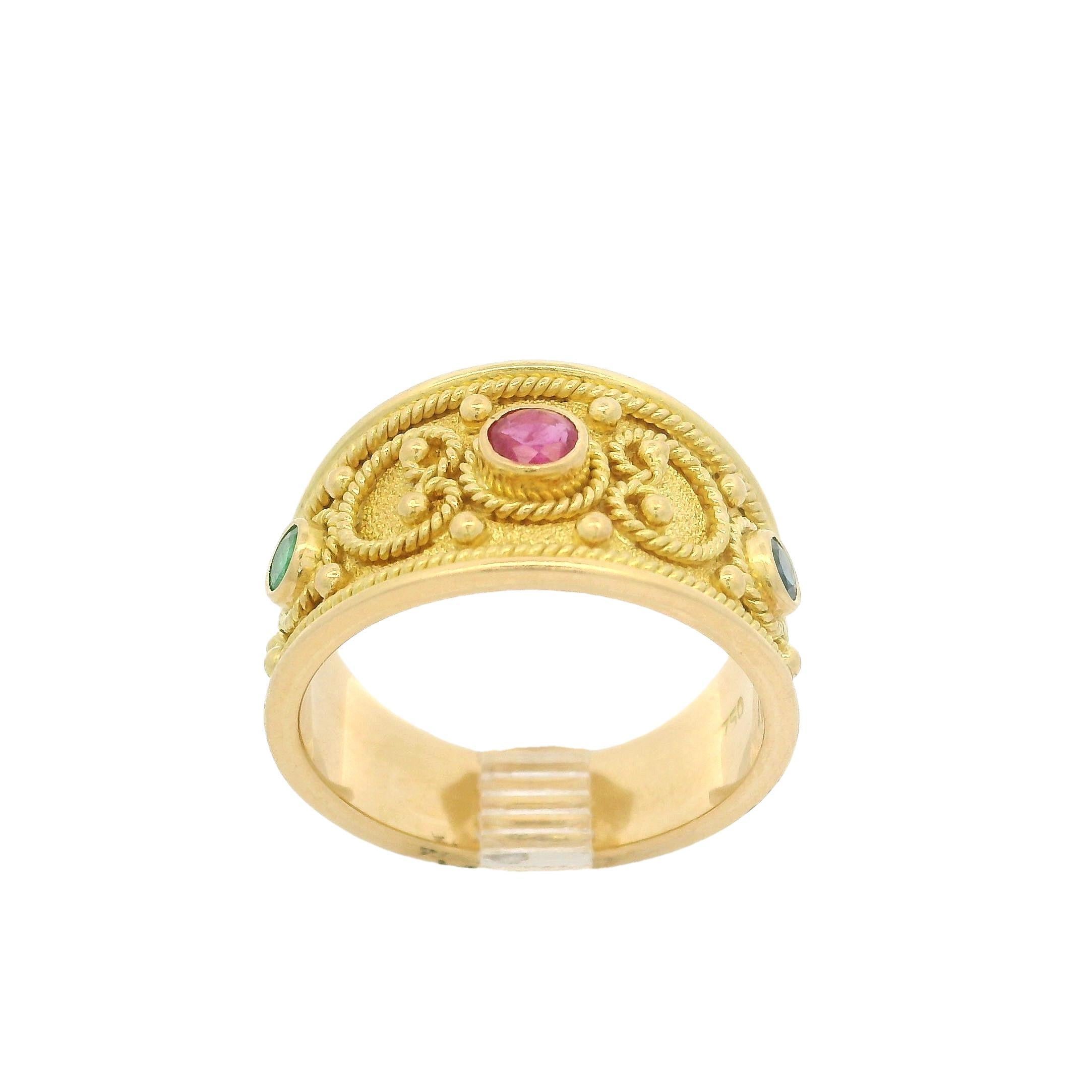 Vintage Solid Yellow Gold Ruby Emerald Sapphire Scroll Work Wide Cigar Band Ring In Excellent Condition In Montclair, NJ