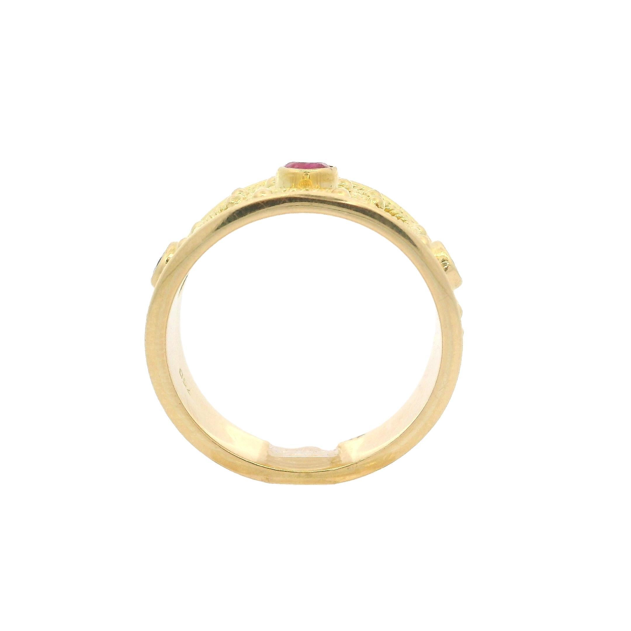 Women's Vintage Solid Yellow Gold Ruby Emerald Sapphire Scroll Work Wide Cigar Band Ring