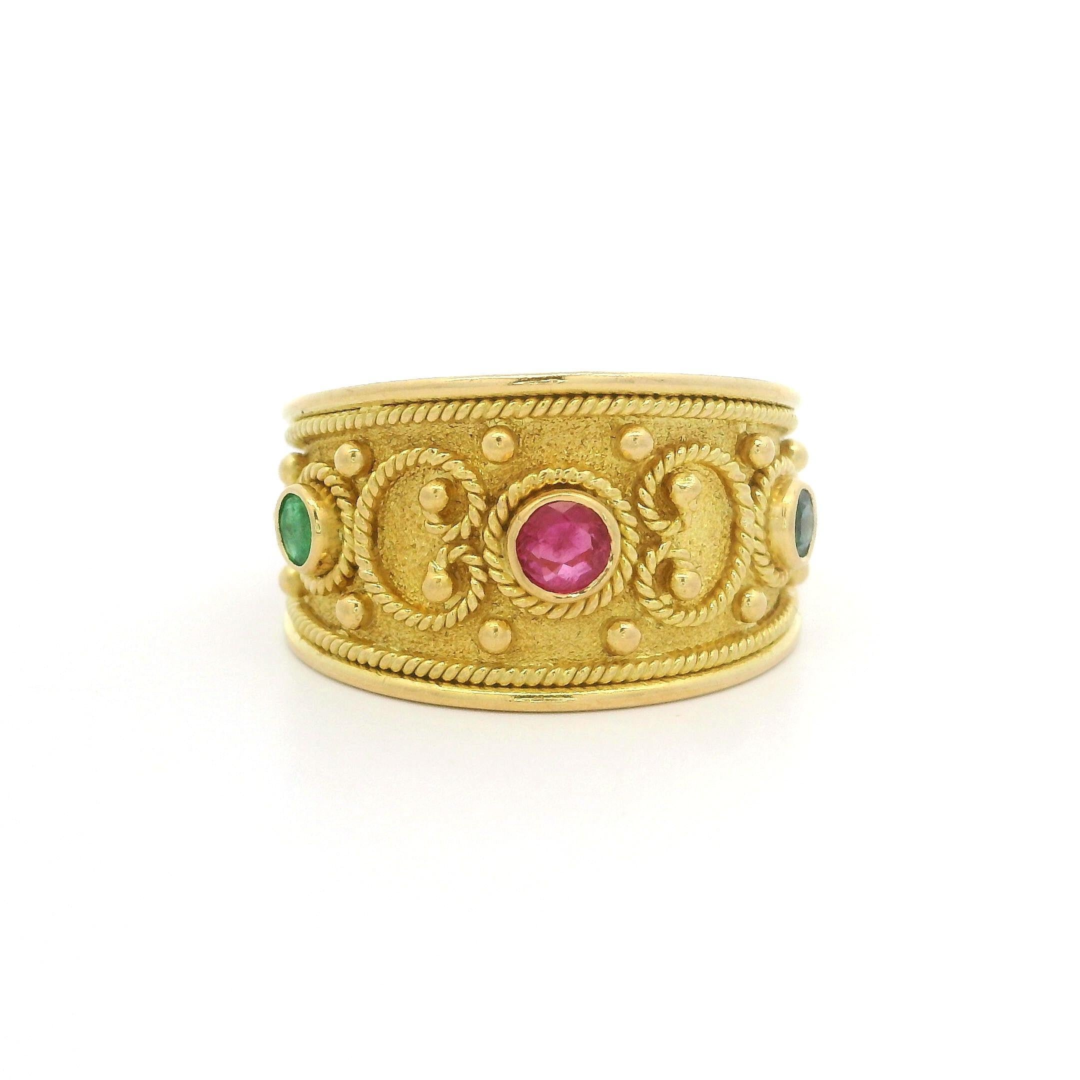Vintage Solid Yellow Gold Ruby Emerald Sapphire Scroll Work Wide Cigar Band Ring 1