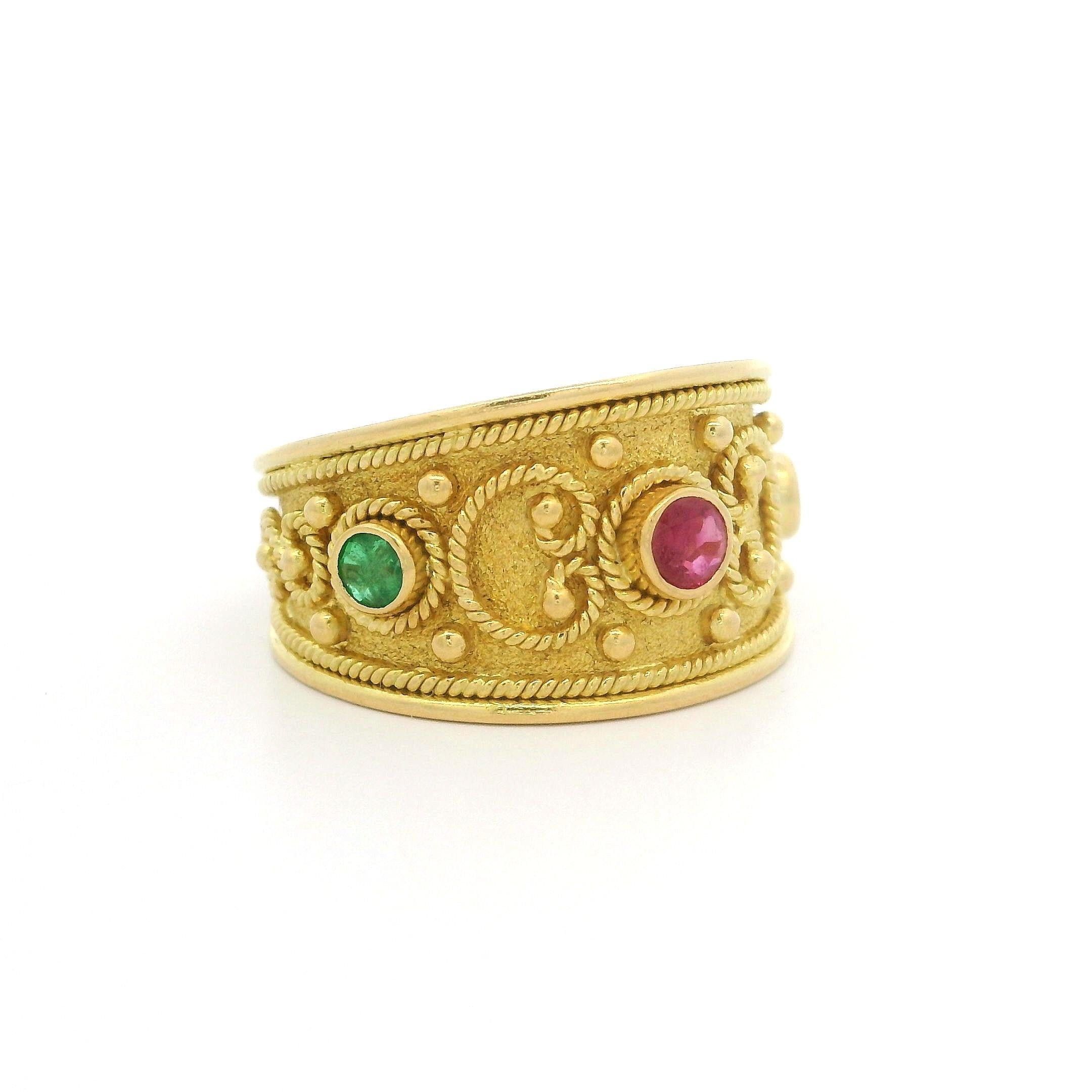 Vintage Solid Yellow Gold Ruby Emerald Sapphire Scroll Work Wide Cigar Band Ring 2