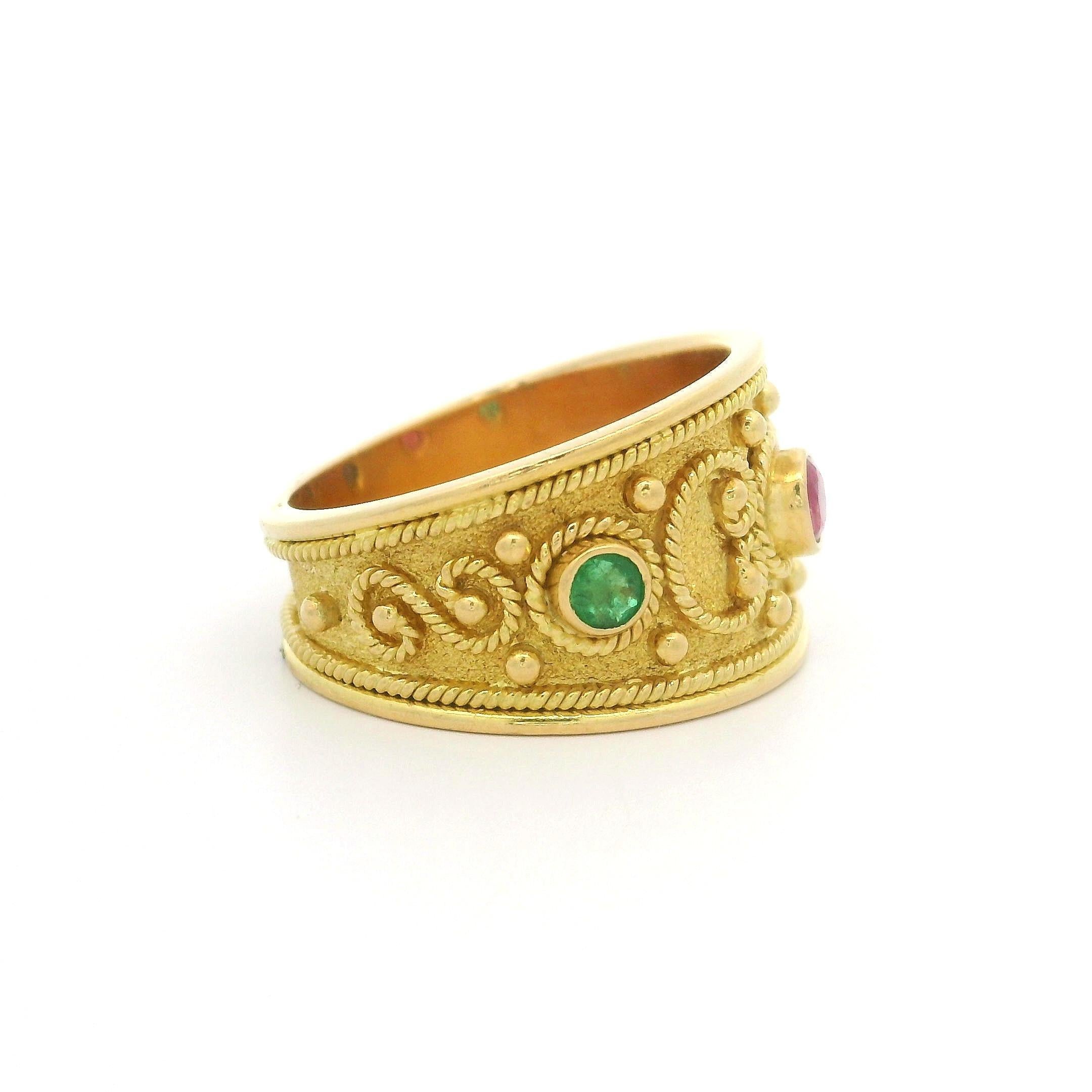 Vintage Solid Yellow Gold Ruby Emerald Sapphire Scroll Work Wide Cigar Band Ring 3