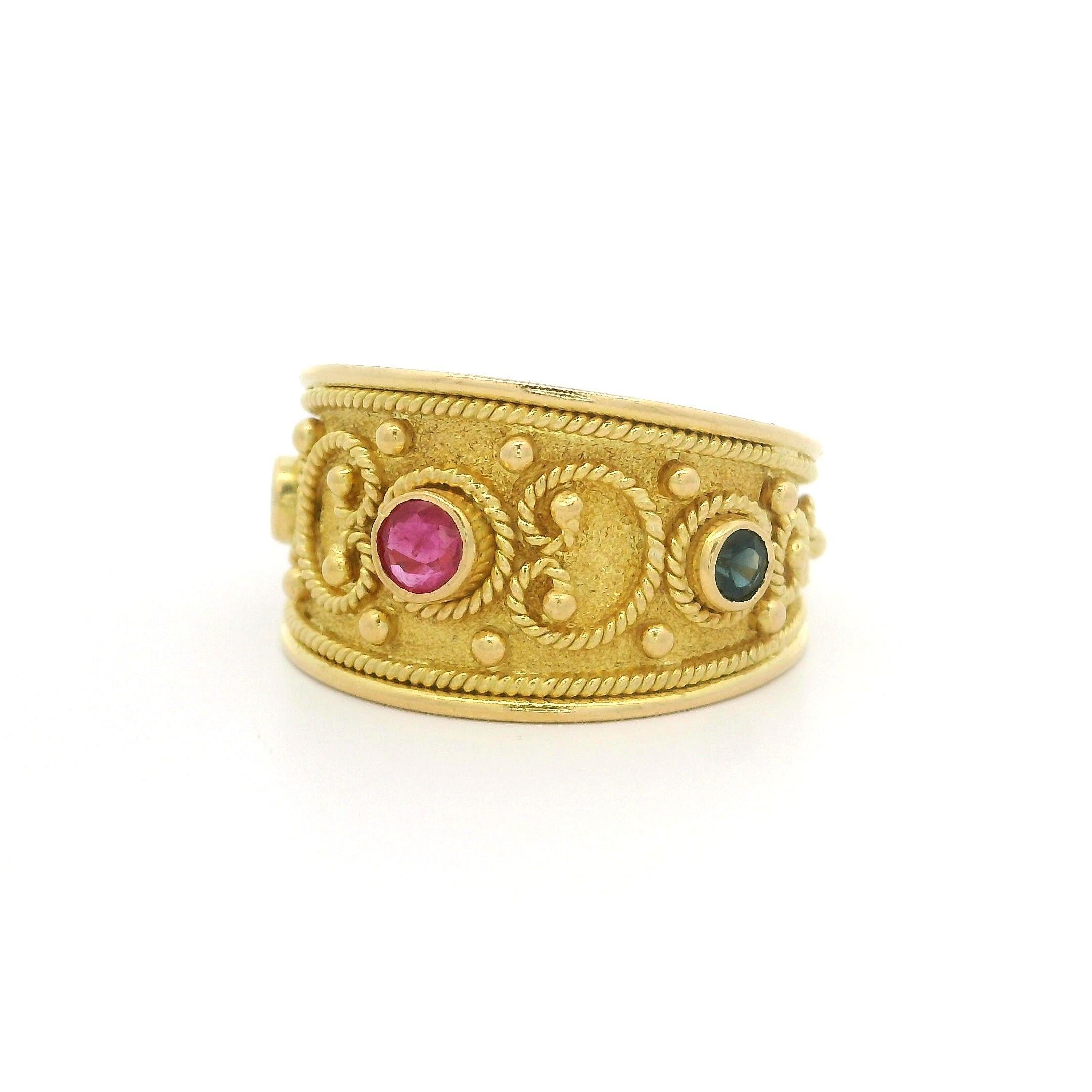 Vintage Solid Yellow Gold Ruby Emerald Sapphire Scroll Work Wide Cigar Band Ring 4