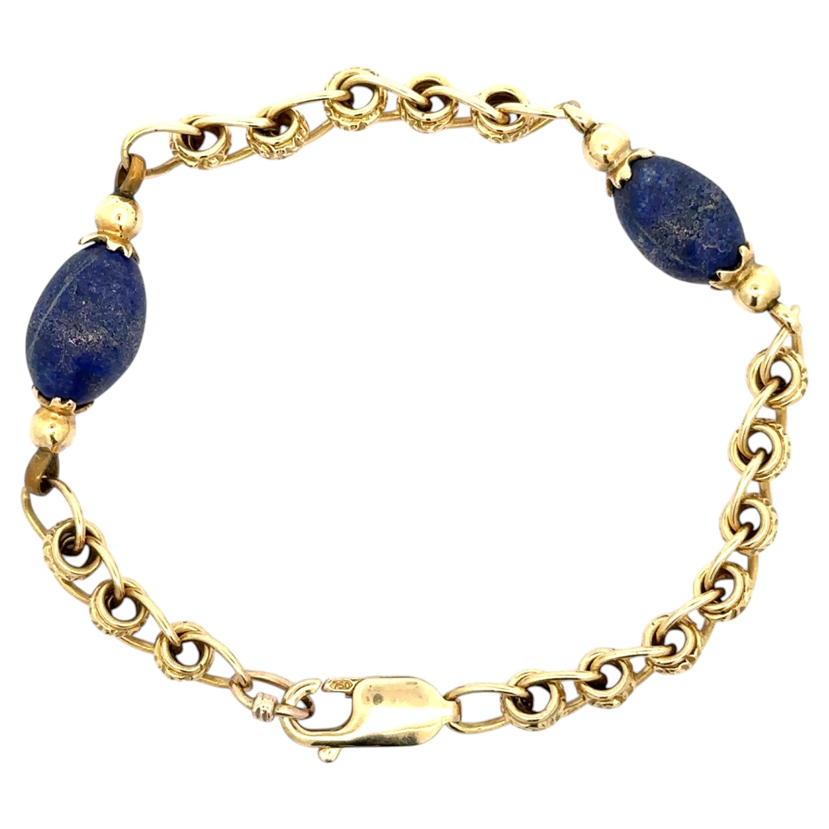 Vintage Solid Yellow Gold Stackable Textured Link Bracelet Bead Lapis Stations For Sale