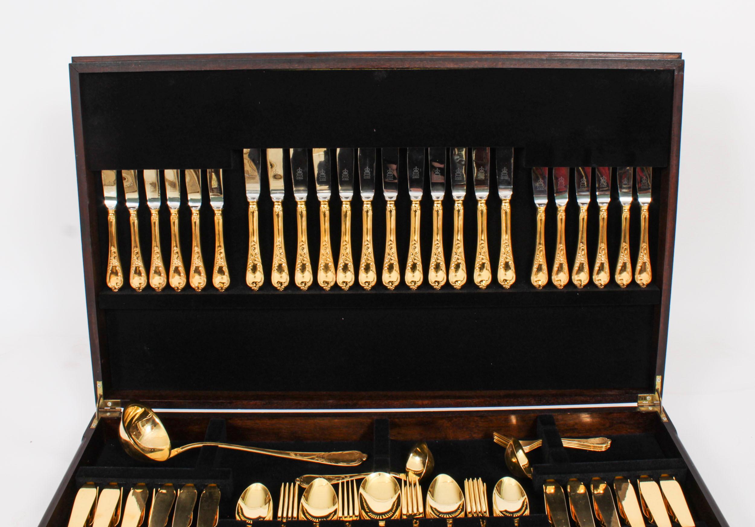 This is a beautiful Vintage Solingen German 123 piece 12 place settings canteen of 24kt gold plated cutlery, late 20th century in date.
 
The set is made in the delightful Golden Affection pattern and is complete and cased in its original leather