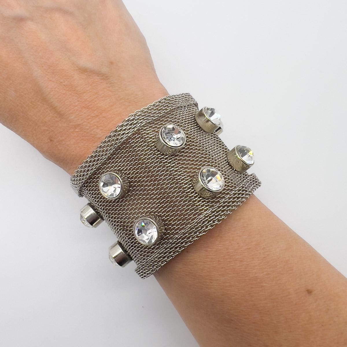 Vintage Solitaire Crystal Mesh Strap Bracelet 1990s In Good Condition For Sale In Wilmslow, GB