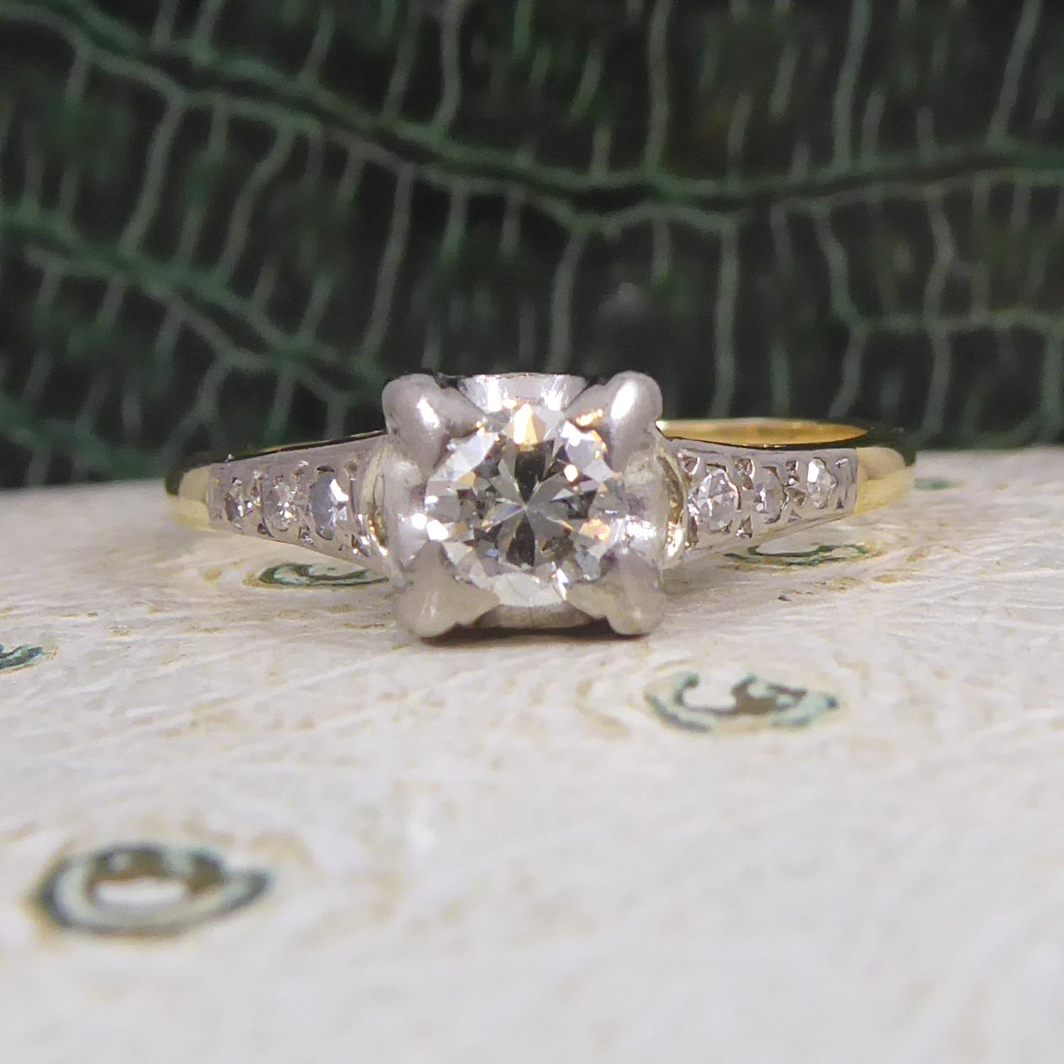 Vintage Solitaire Diamond Ring, Four Claw Set, Diamond Set Shoulders In Good Condition In Yorkshire, West Yorkshire