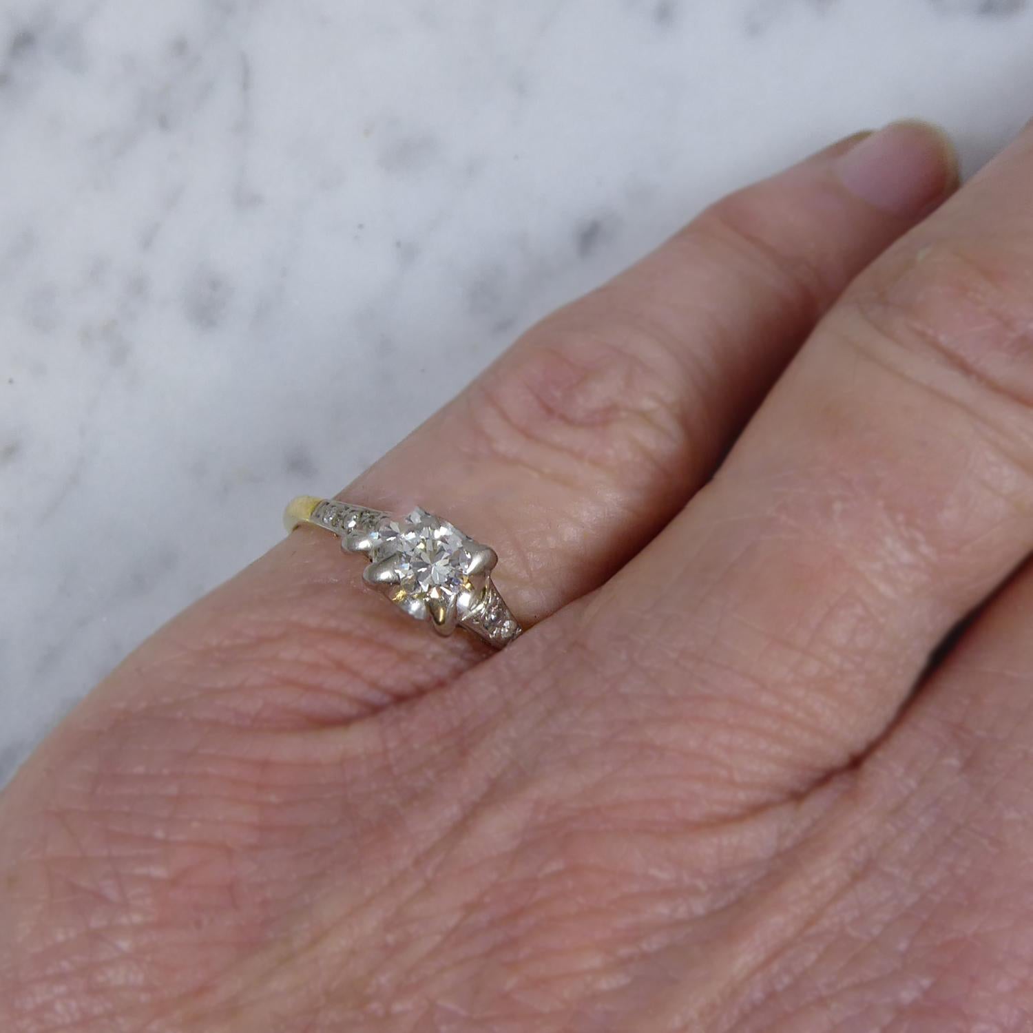Women's Vintage Solitaire Diamond Ring, Four Claw Set, Diamond Set Shoulders