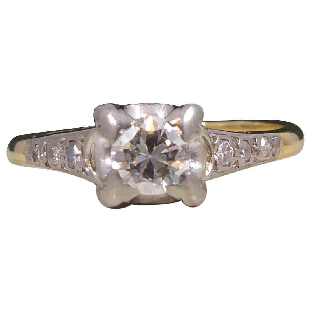 Vintage Solitaire Diamond Ring, Four Claw Set, Diamond Set Shoulders