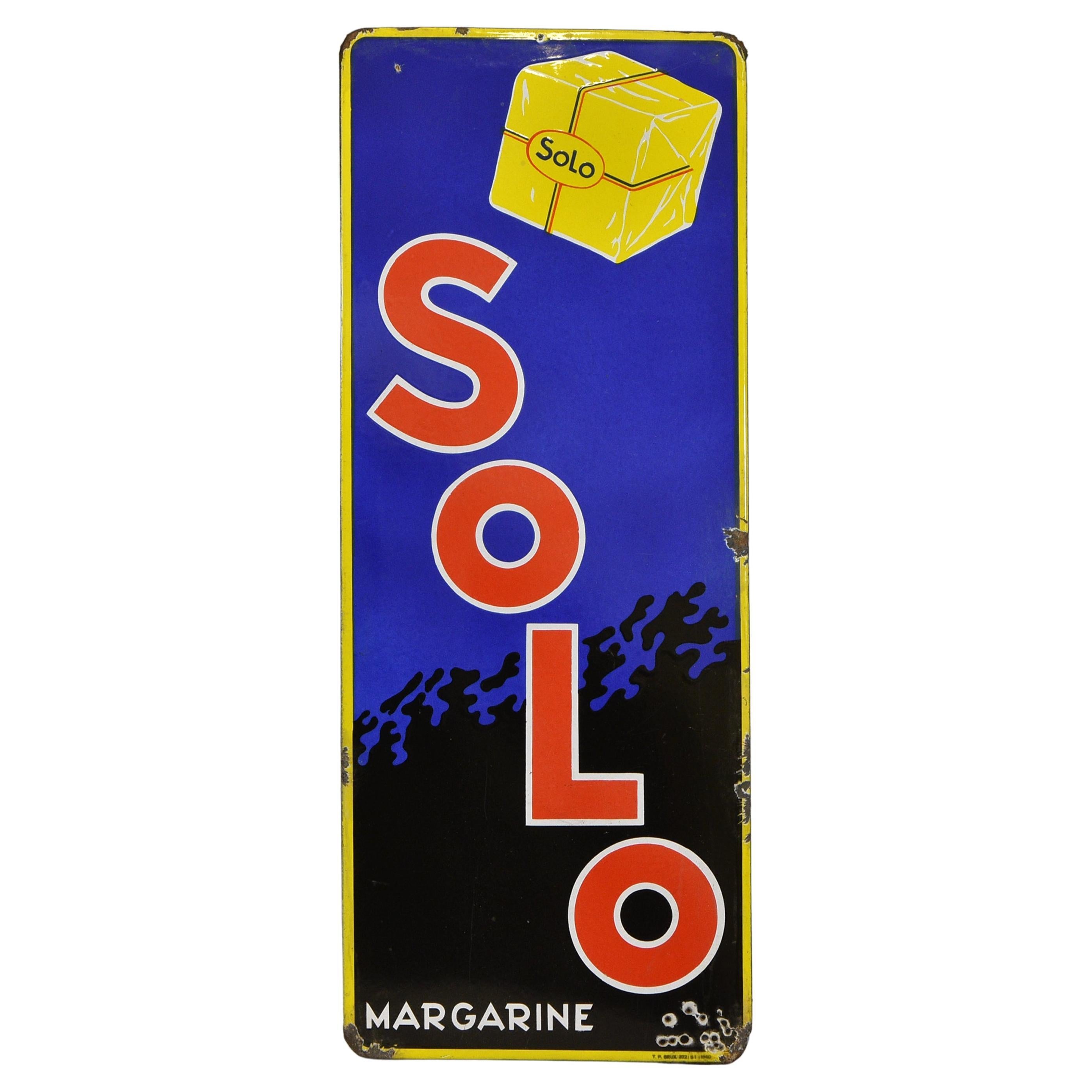 Vintage Solo Margarine Enamel Mid-Century Sign For Sale