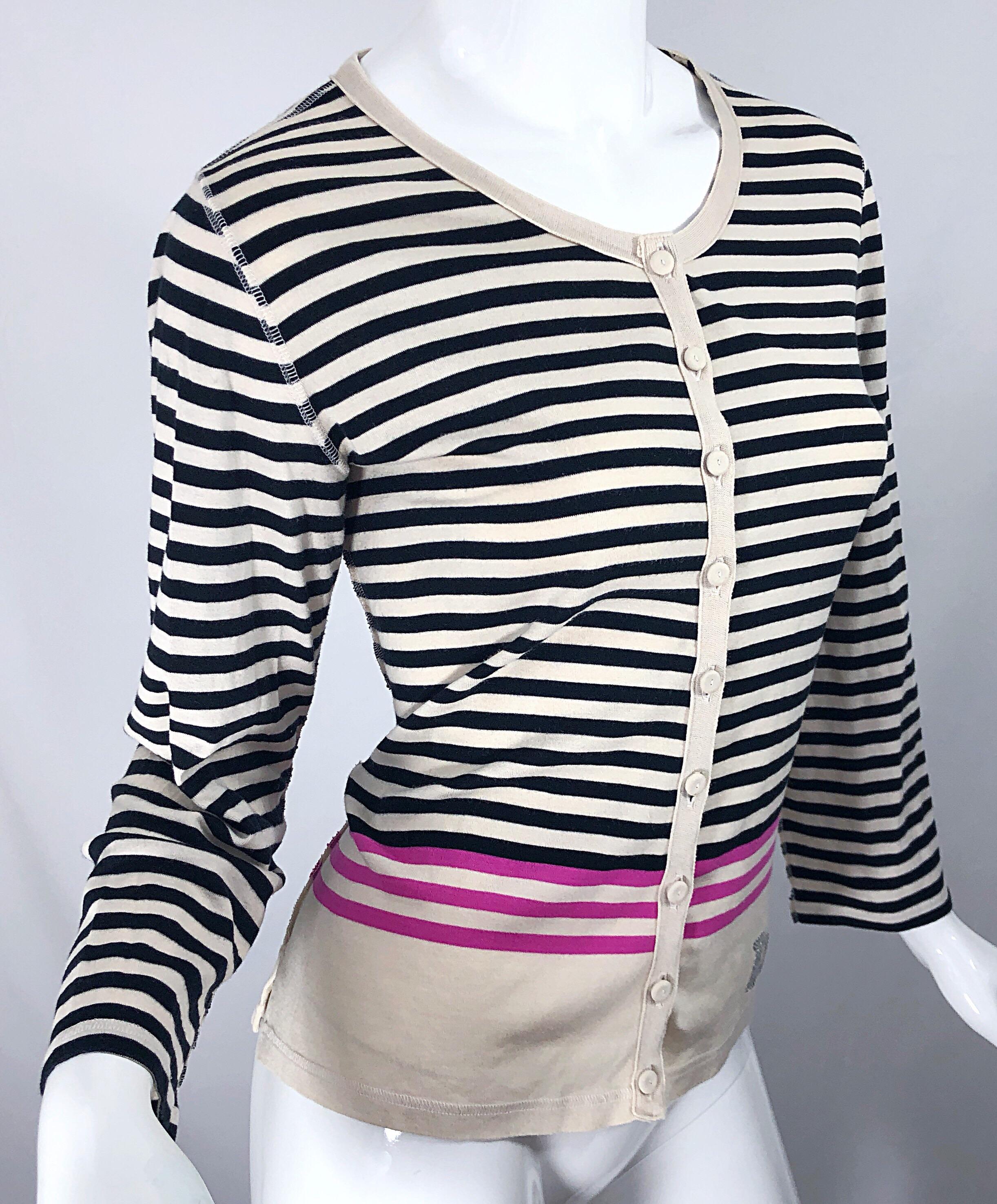 Vintage Sonia Rykiel 1990s 'Love' Rhinestone Striped Black Ivory Pink Cardigan For Sale 6