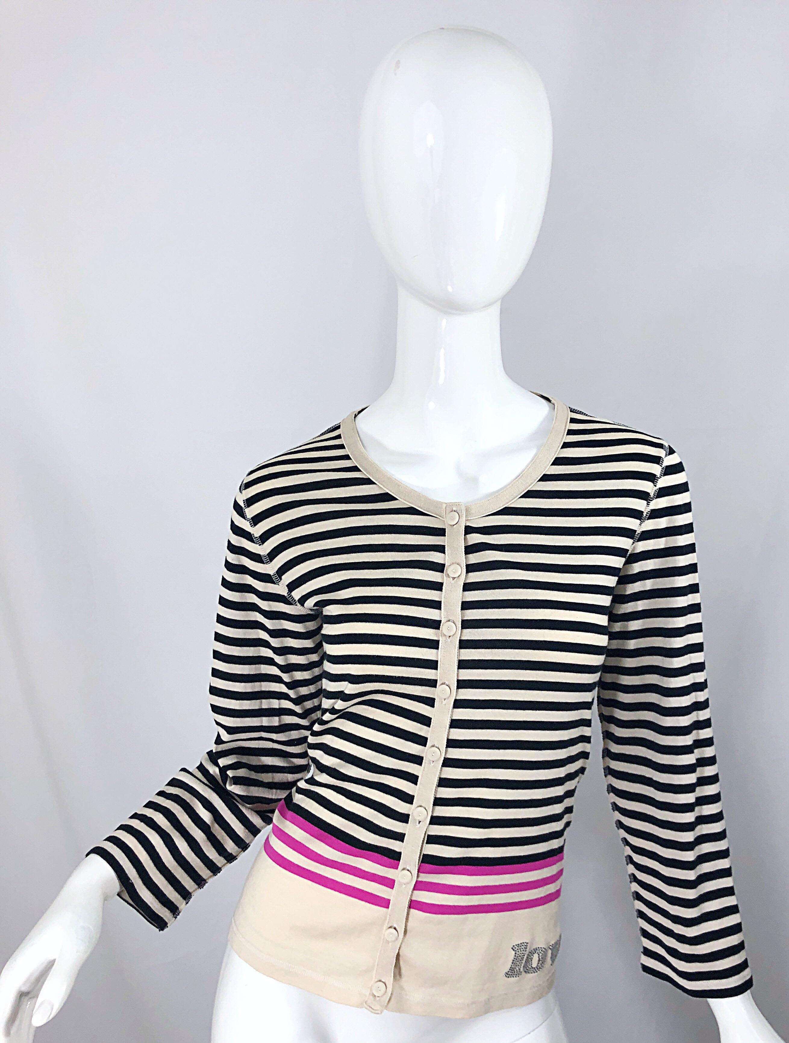 Chic 90s SONIA RYKIEL black, ivory and bubblegum pink rhinestone encrusted 'LOVE' cardigan top! Buttons of the front, with the word, LOVE encrusted in rhinestones at left waist. Small rhinestone encrusted 