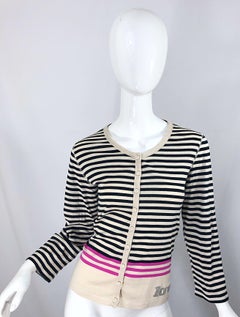 Cardigan vintage Sonia Rykiel « Love » rayé avec strass noir, ivoire et rose (années 1990)