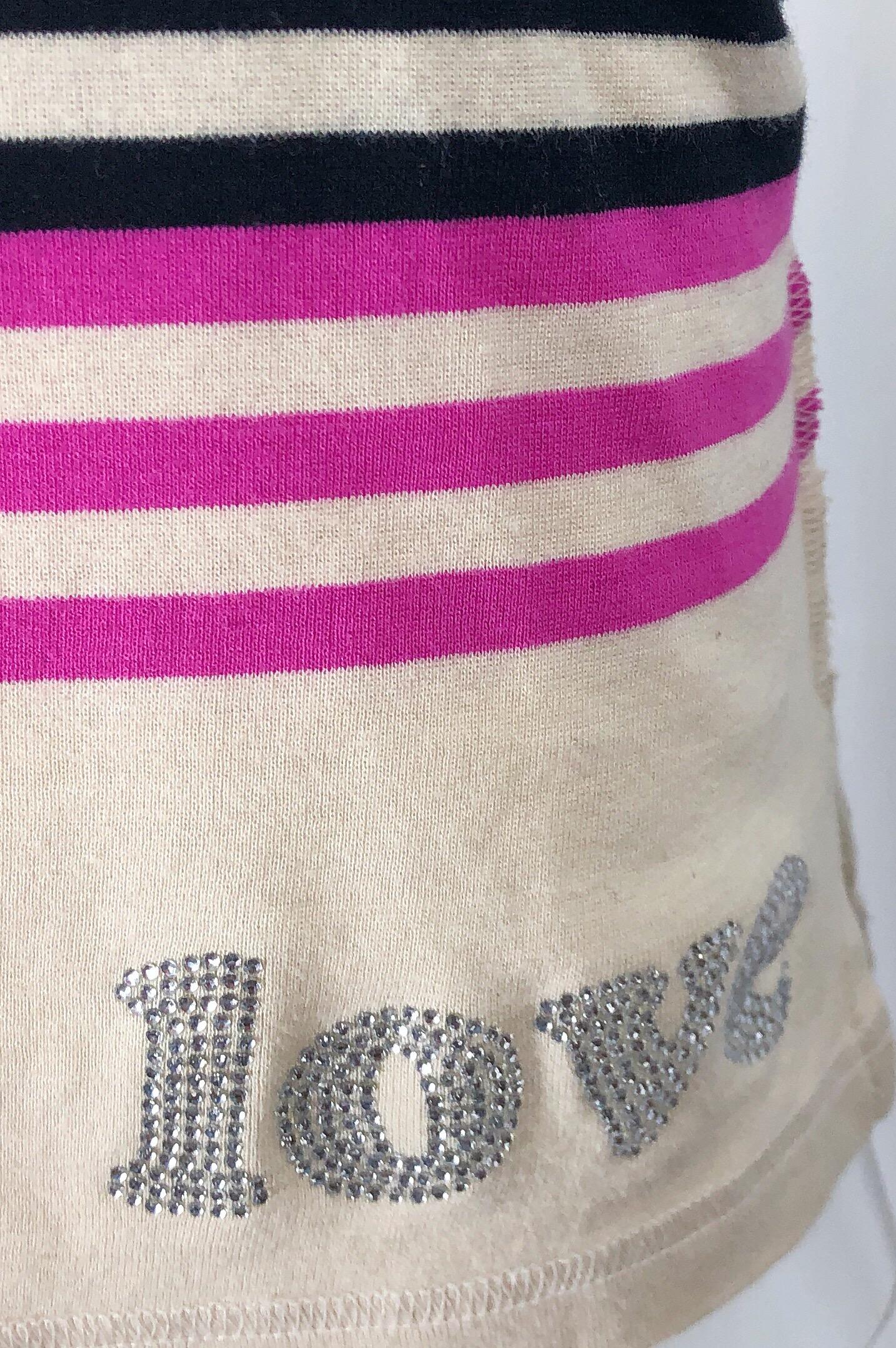 Beige Cardigan vintage Sonia Rykiel « Love » rayé avec strass noir, ivoire et rose (années 1990) en vente