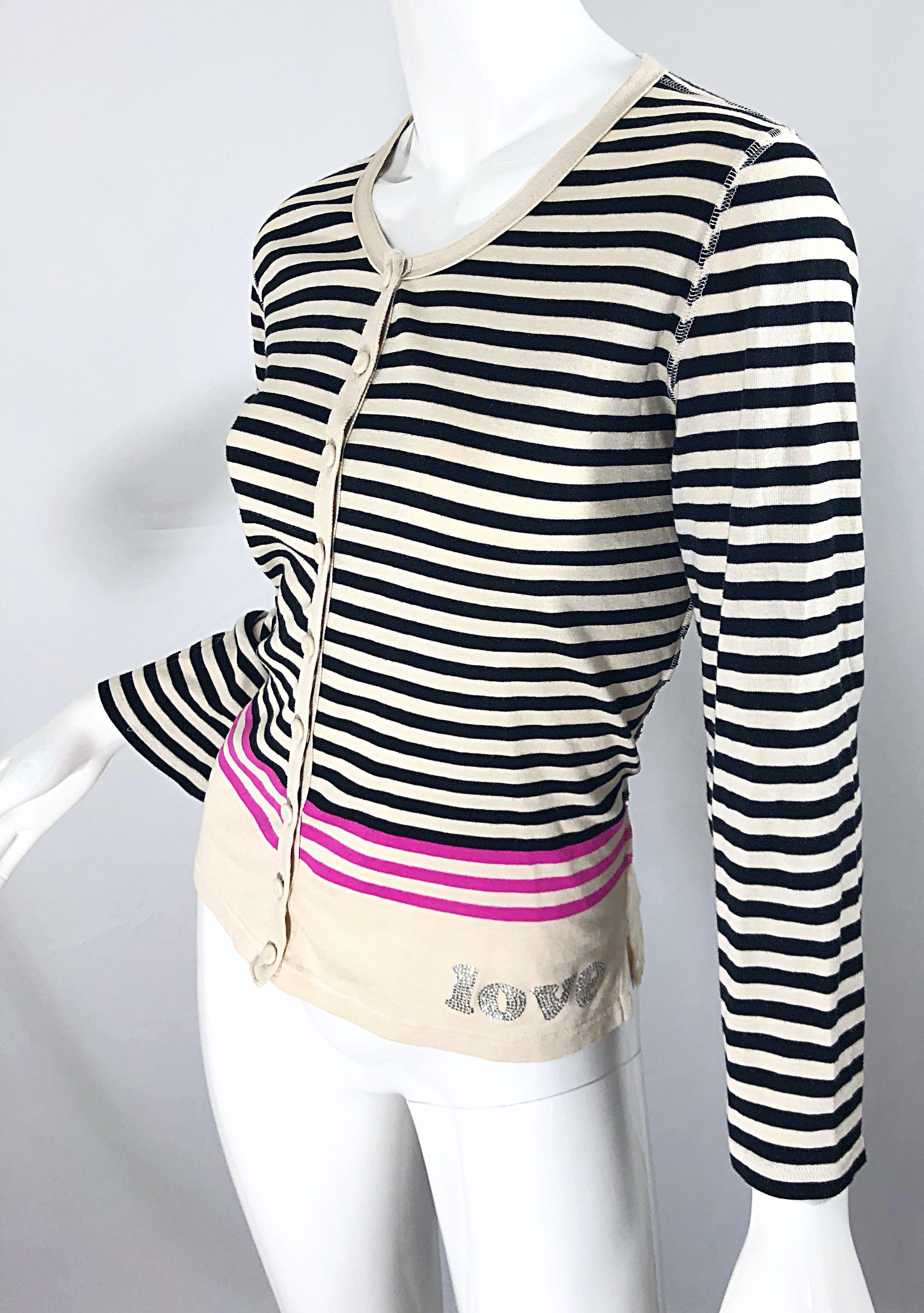 Vintage Sonia Rykiel 1990s 'Love' Rhinestone Striped Black Ivory Pink Cardigan For Sale 1