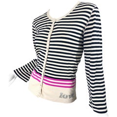 Vintage Sonia Rykiel 1990s 'Love', cardigan a strisce di strass nero avorio rosa