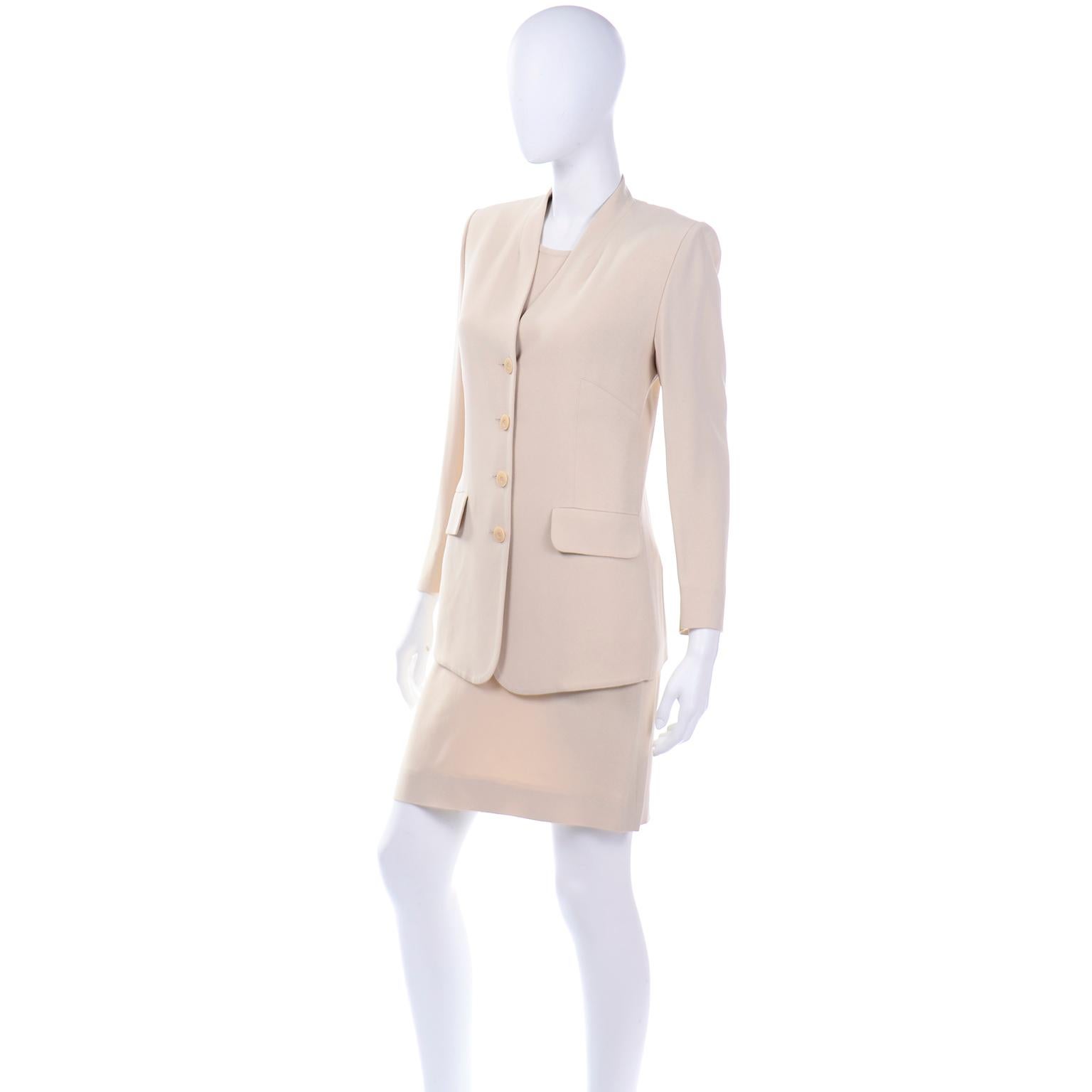 Beige Vintage Sonia Rykiel 3 Piece Blazer Jacket Sleeveless Top & Skirt Suit For Sale